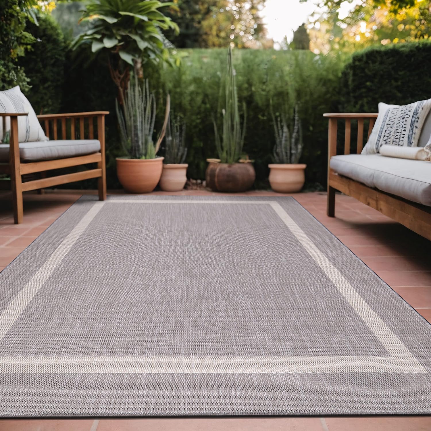 8x10 Washable Outdoor Rug - Waterproof Non-Shedding Area Carpet for Patio, Porch & Indoor Use | Easy Cleaning Gray Bordered Rug | Perfect for Backyard, Deck, Poolside & Living Room Decor