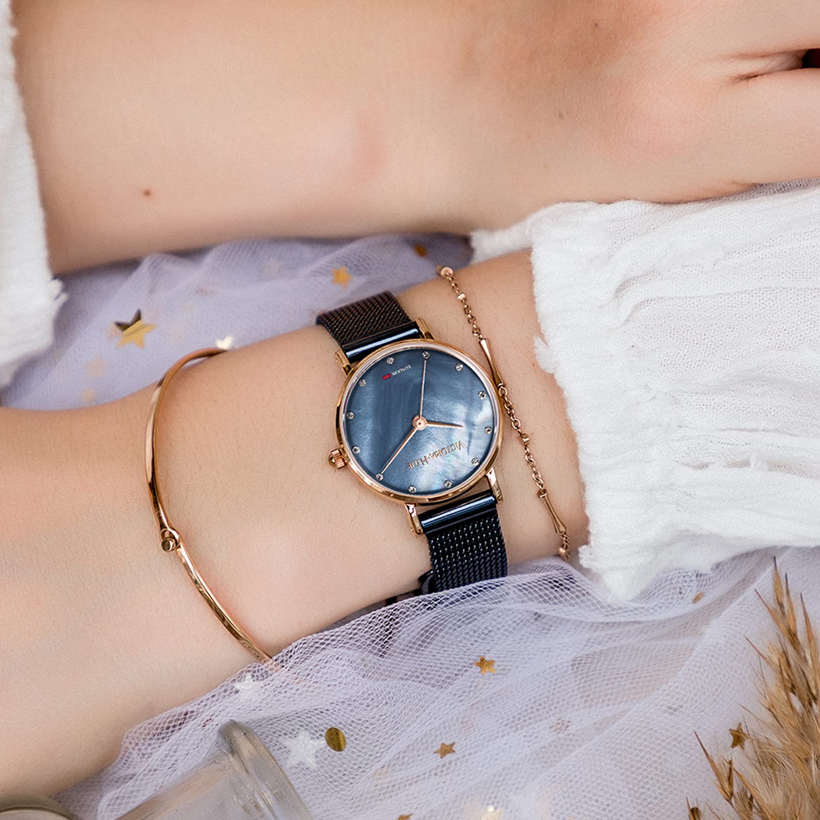 Victoria Hyde Women's Navy Blue Watch - Small Dial Stainless Steel Mesh for Everyday Elegance