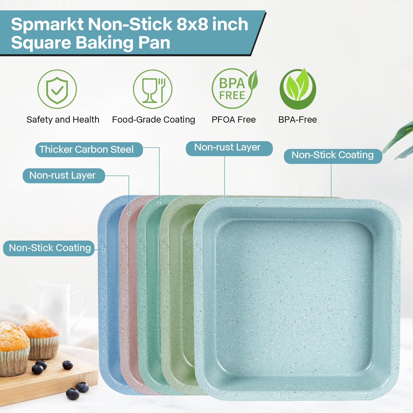 2-Pack 8 Inch Square Baking Pan Set - Nonstick 8x8 Cake Pan for Brownies, Lasagna & Sheet Cakes - Even Heat Distribution, Easy Clean & Durable - Perfect for Home Baking, Parties & Holiday Cooking (Light Blue)