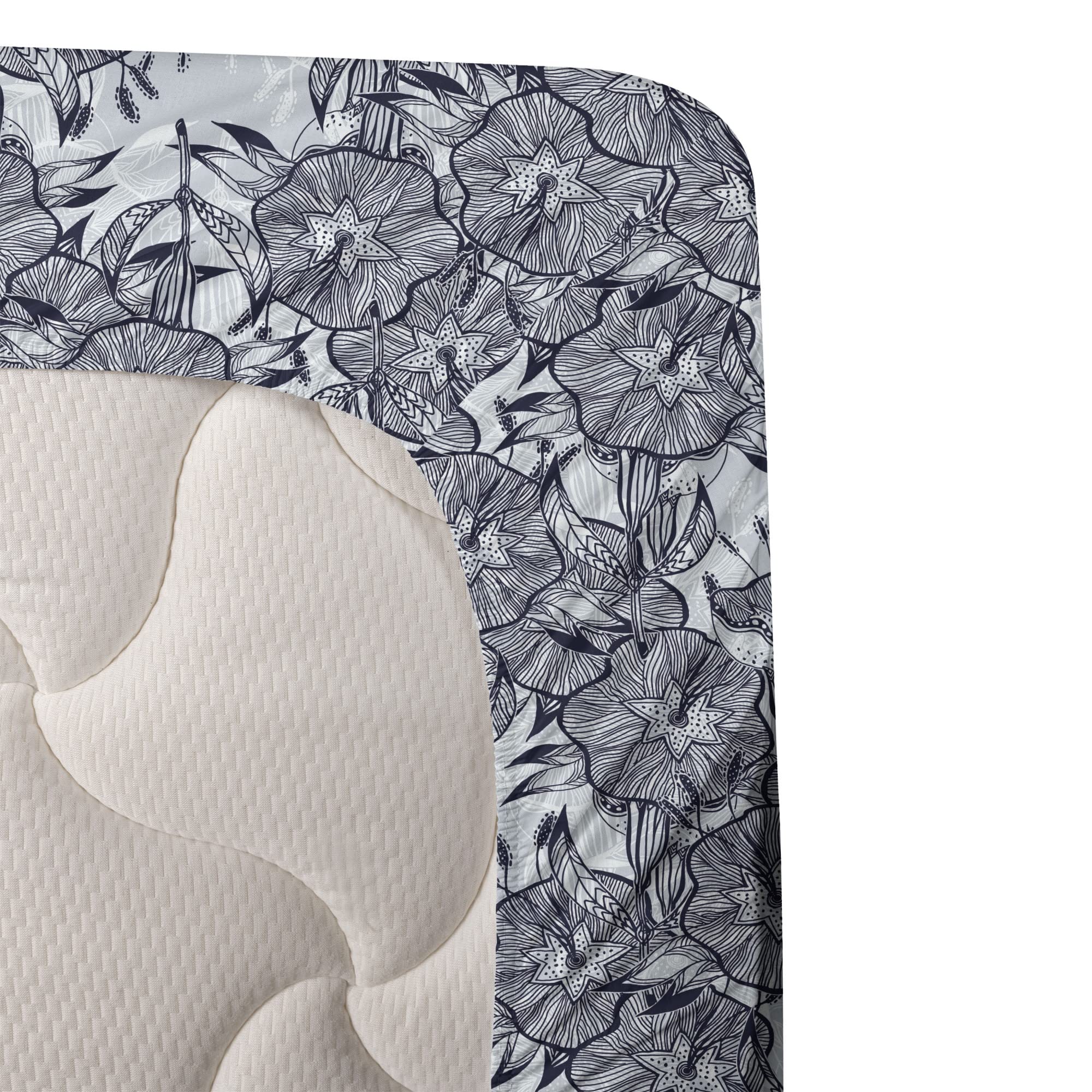 Ambesonne Floral King Sheet Set - 4 Piece Bedding with Bindweed Flower Bells Design, Fitted & Flat Sheets + Pillowcases, Blue Grey Night Blue - Perfect for Master Bedroom, Guest Room & Cozy Home Decor
