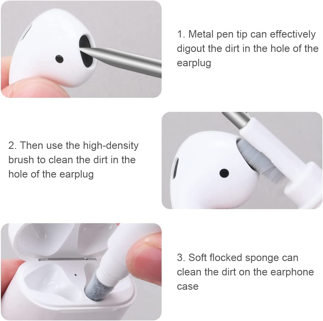 3-in-1 Bluetooth Earbuds Cleaning Pen Kit with Soft Brush - Wireless Earphones & Headphones Cleaner for AirPods, Charging Case, Computer Keyboard & Camera Lens - Perfect for Home, Office & Travel Use