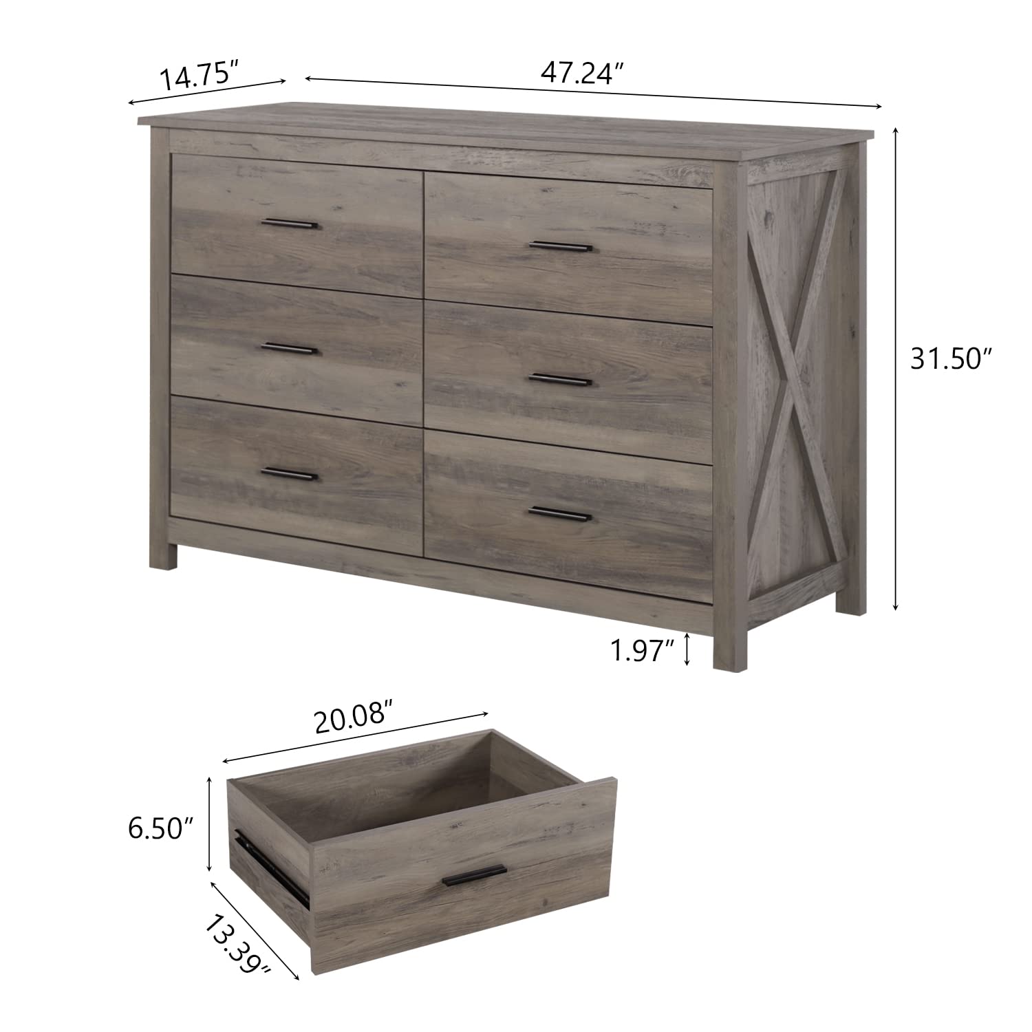 Farmhouse Bedroom Set with 6-Drawer Dresser & Nightstands - Grey Wooden Bedroom Furniture for Master Bedroom, Guest Room & Home Decor