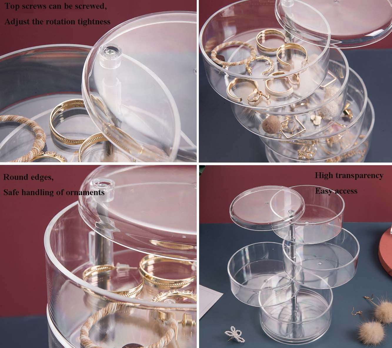 4-Layer Rotating Jewelry Organizer Box with Lid - Clear Travel Jewelry Storage Case for Rings, Earrings, Necklaces & Bracelets - Compact 4.5 x 4.5 x 7 Inch Jewelry Box for Women - Perfect for Travel, Gifts & Home Organization