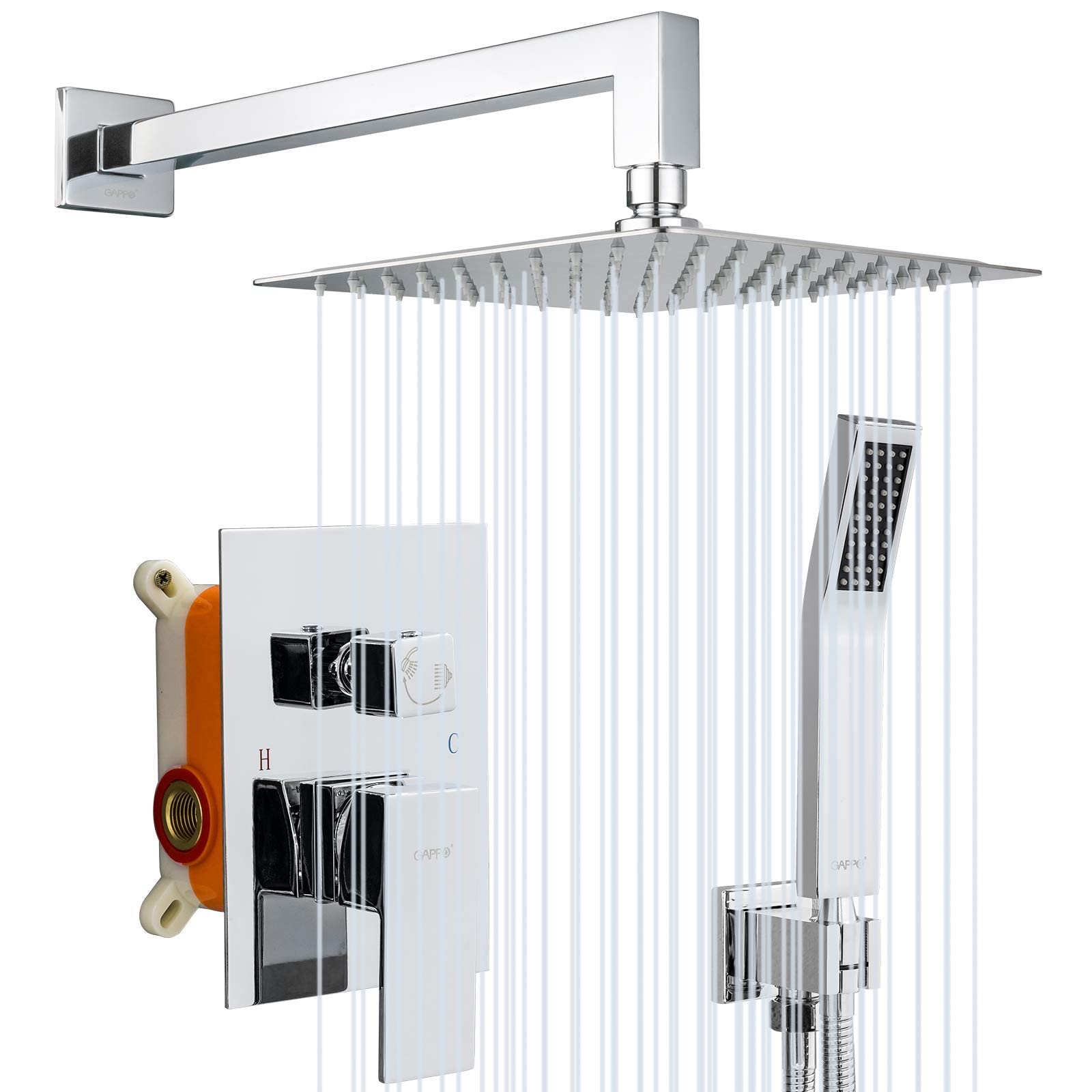 Gappo 10 Inch Polished Chrome Wall Mounted Rain Shower System - High Pressure Rainfall Shower Head with Handheld & Rough-in Valve - Perfect for Luxury Bathroom Renovation & Spa-like Shower Experience