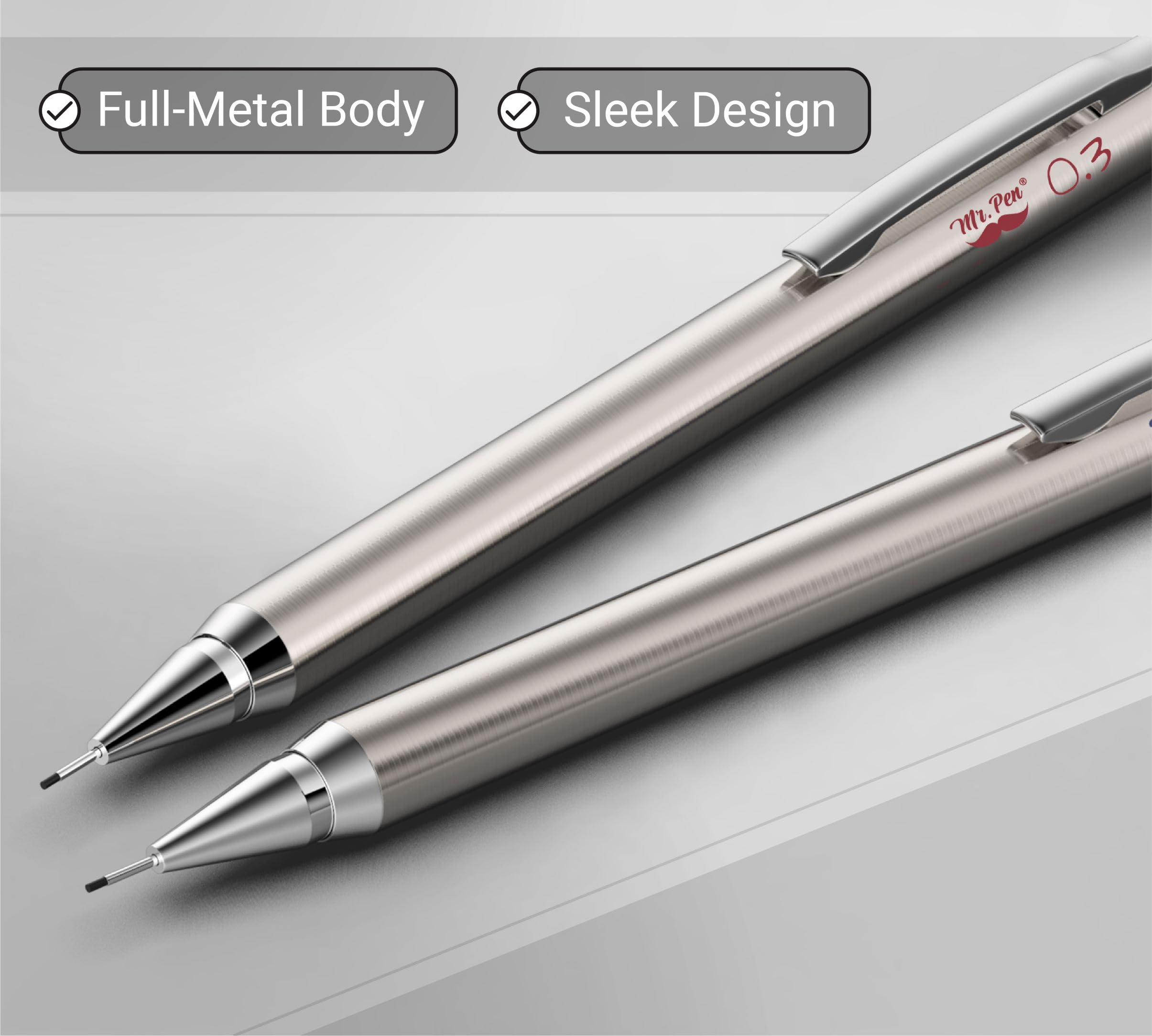Premium 0.3mm Silver Metal Mechanical Pencils (2-Pack) - Perfect for Artists, Engineers & Technical Drawing - Ideal for Sketching, Drafting & Precision Writing