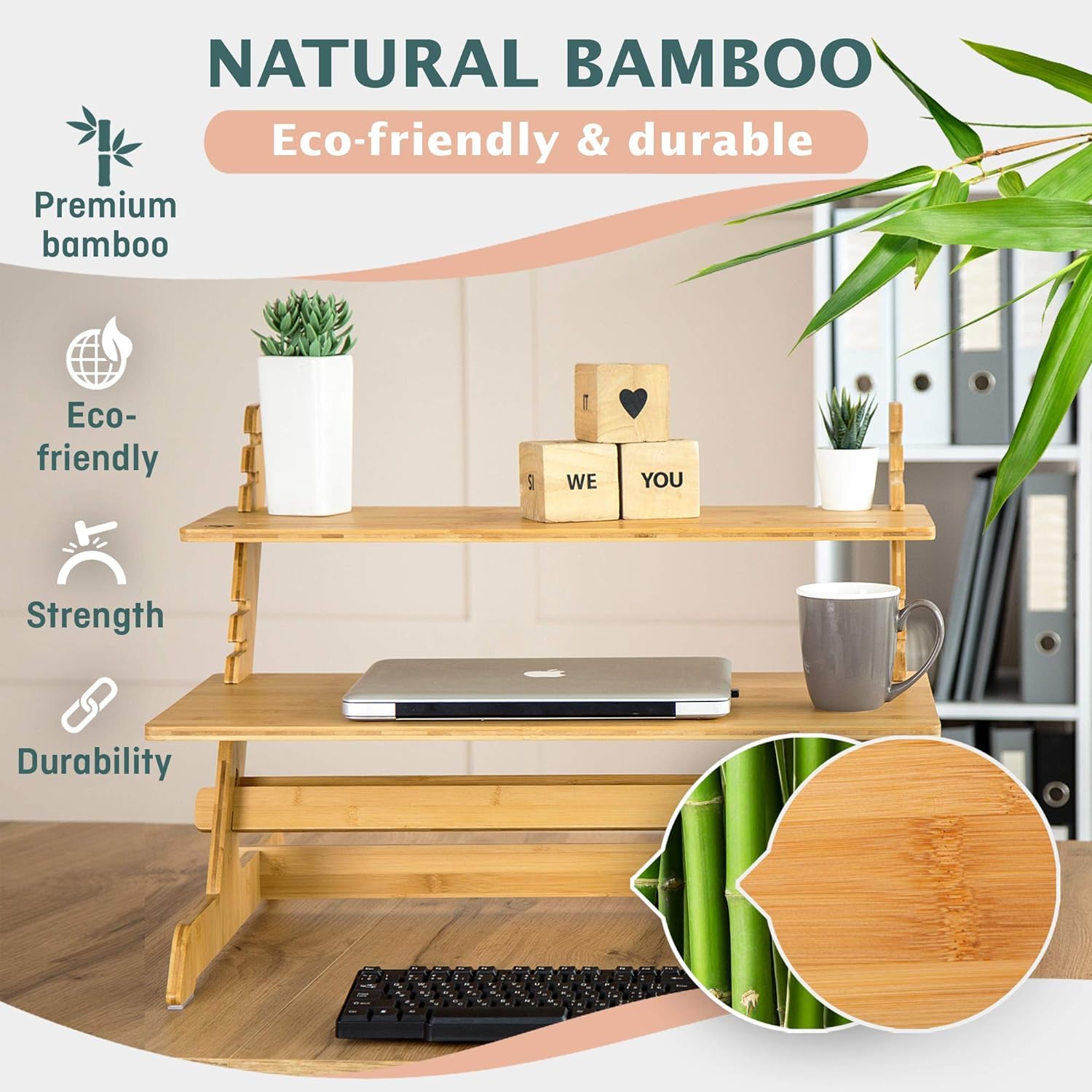 Adjustable Standing Desk Riser - 100% Natural Bamboo Monitor Stand with No Screws Assembly (19