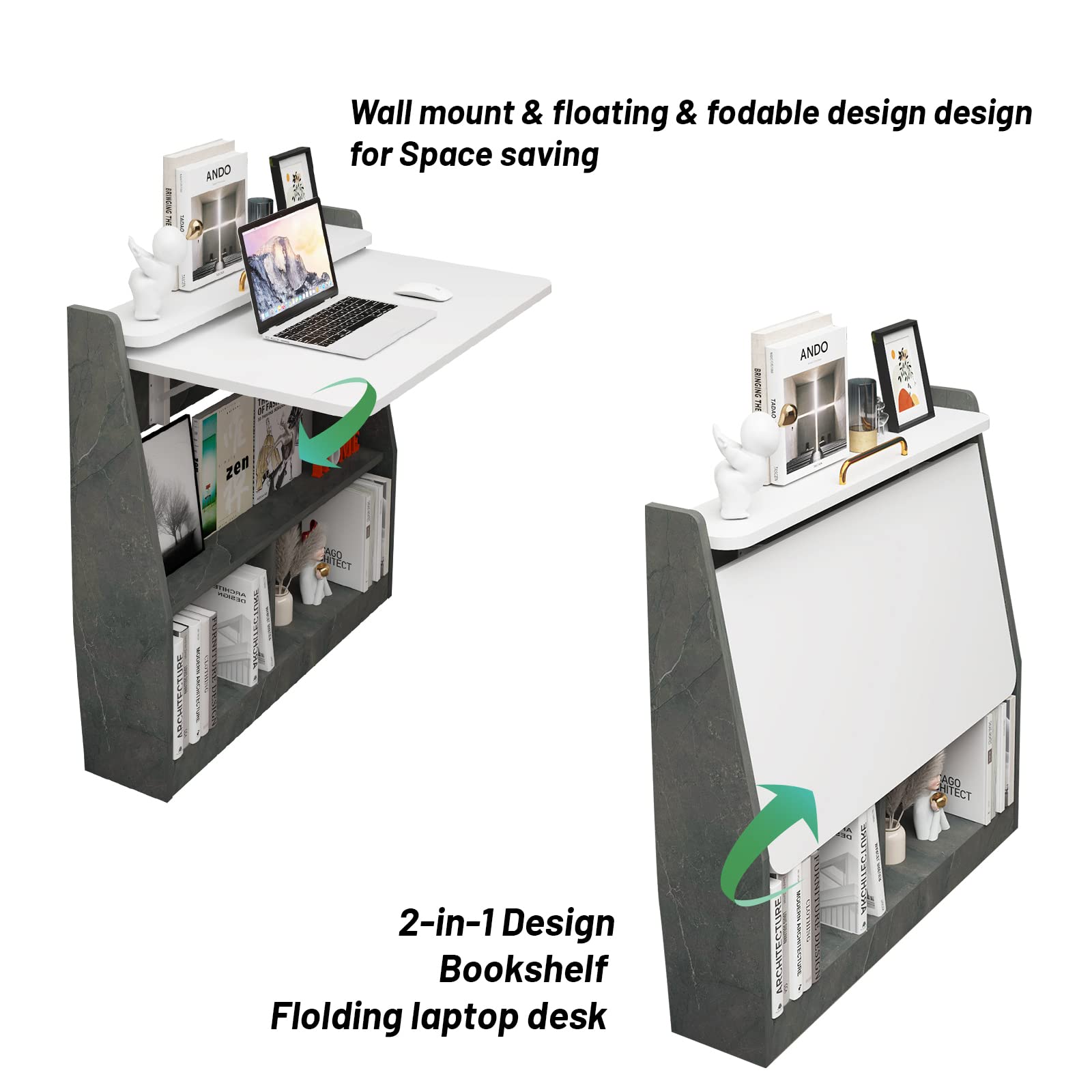 Pmnianhua 31'' Wall Mounted Folding Desk - Space Saving Drop-Leaf Table with Storage Shelf | Foldable Laptop Desk for Small Spaces | Perfect for Bedroom, Living Room & Home Office (Grey White)