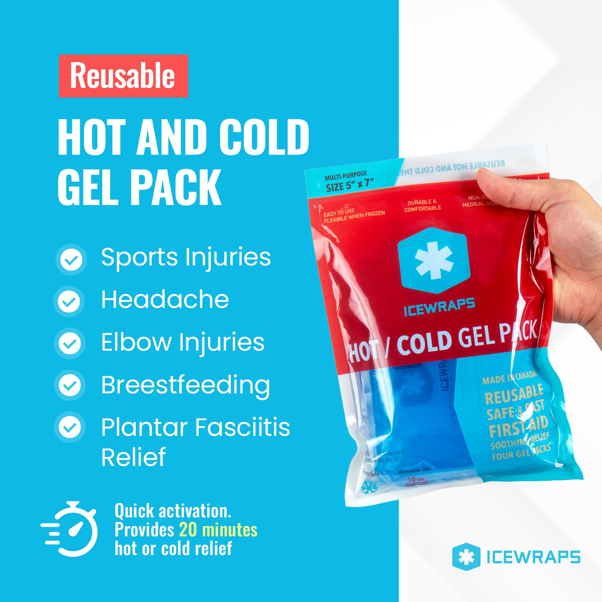 ICEWRAPS 5x7 Inch Reusable Hot & Cold Gel Ice Packs for Injuries - Pain Relief for Arm, Leg, Back, Migraines - Flexible Gel Compress for Sports Injuries, Post-Surgery Recovery & Muscle Soreness - Pack of 4