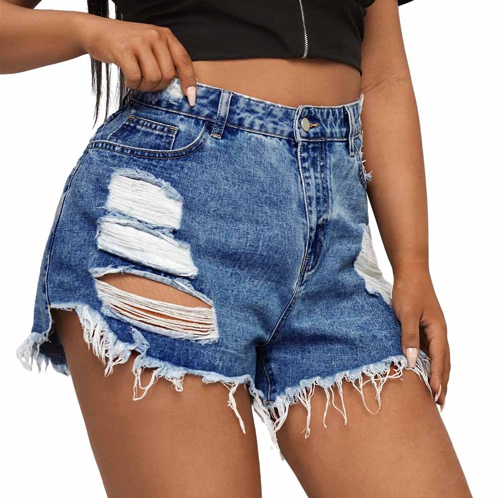 MapleHub Plus Size Denim Shorts for Women - High Waisted Ripped Distressed Jean Shorts with Folded Hem | Comfortable Summer Casual Wear, Beach Outfits & Street Style Fashion