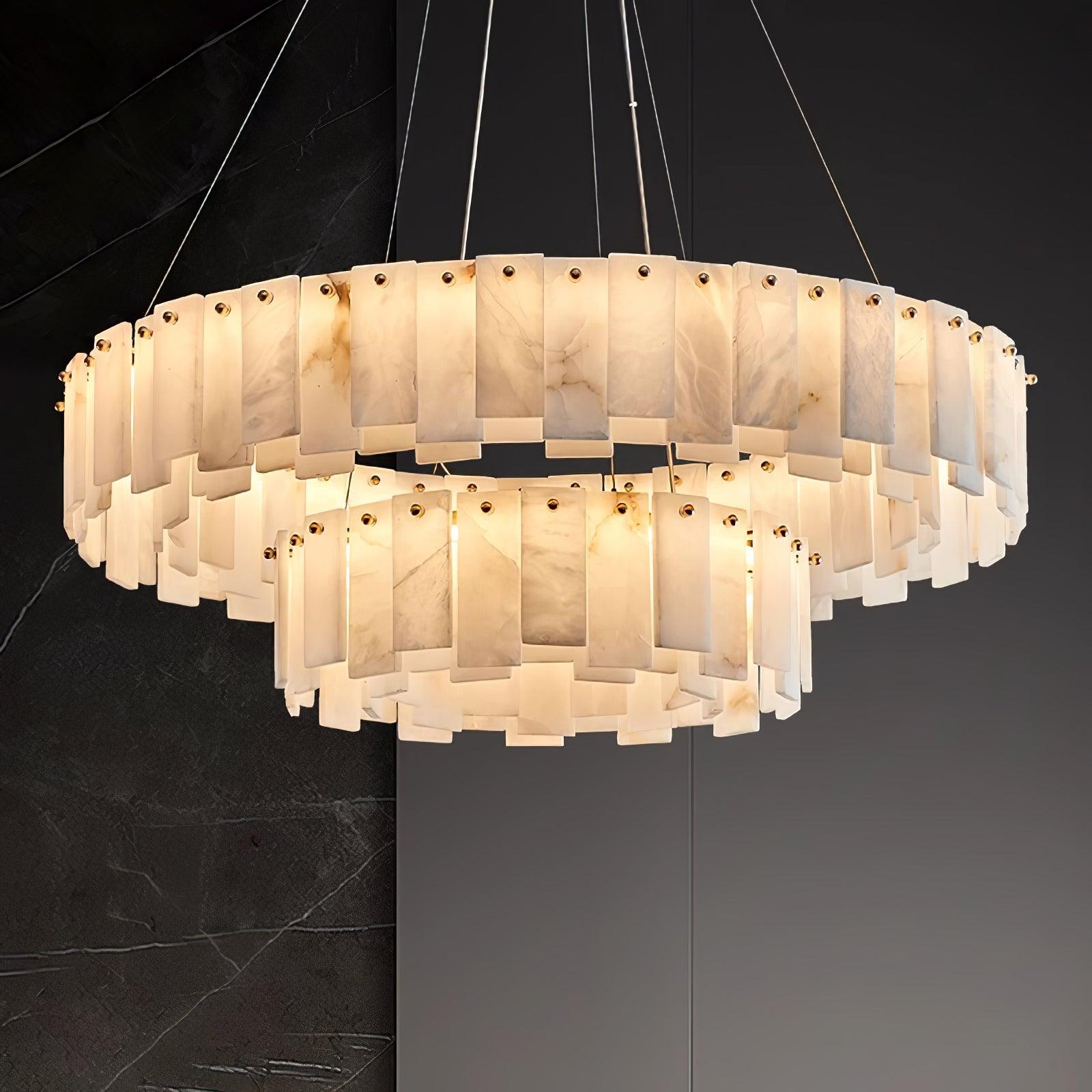 Celestial Alabaster Round Chandelier - Modern Crystal Ceiling Light Fixture for Dining Room, Bedroom & Living Room Decor