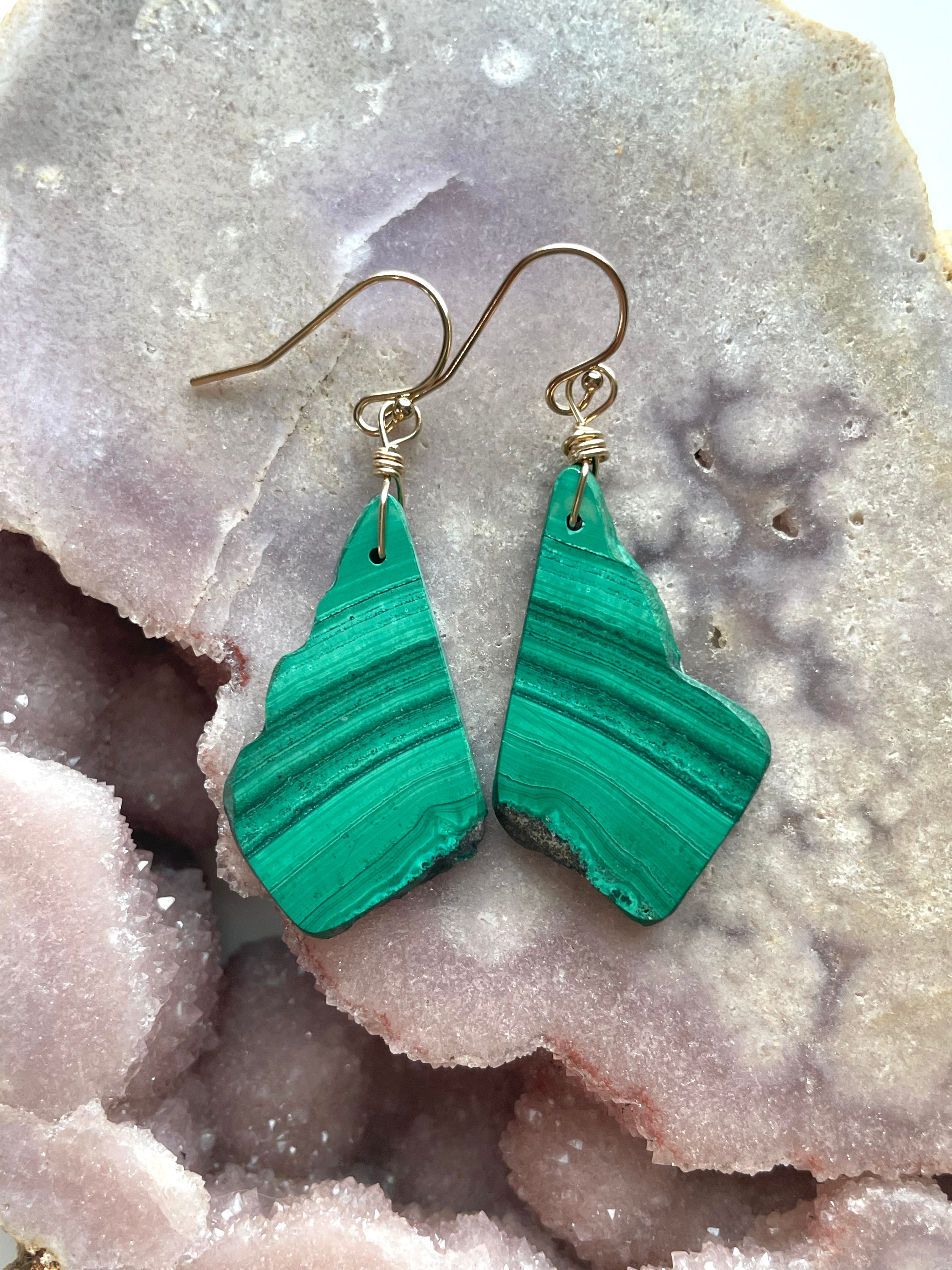 14kt Gold Filled Long Malachite Crystal Dangle Earrings - Handmade Boho Chic Jewelry for Women, Gift for Her | Perfect for Parties, Weddings & Special Occasions