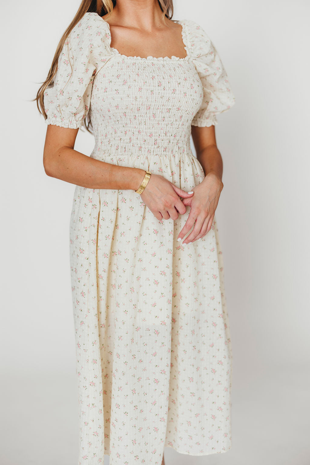 Kinsley Ditsy Floral Smocked Midi Dress - Women's Pink Floral Summer Dress with Elastic Waist, Perfect for Beach Vacations, Garden Parties & Date Nights