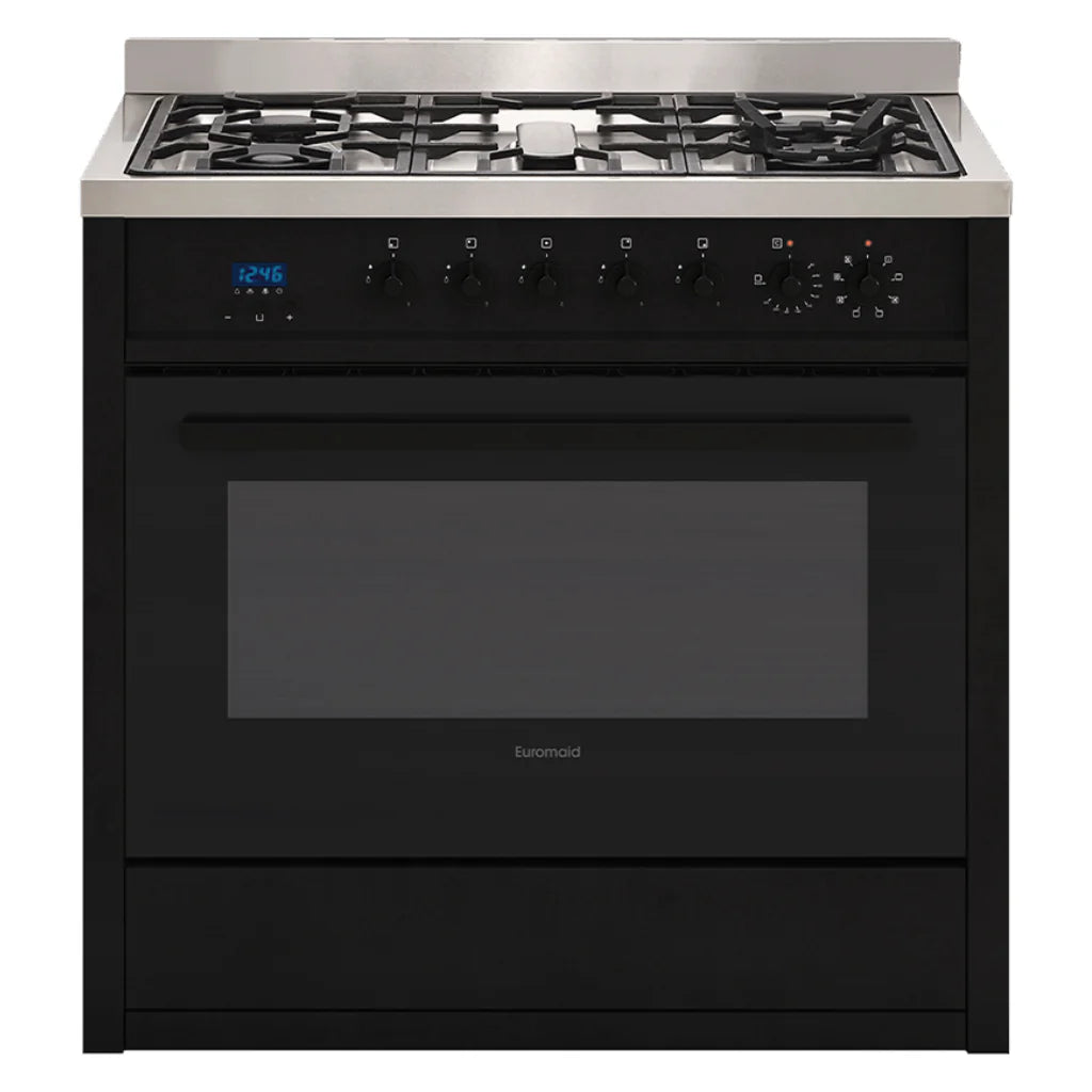 Euromaid 90cm Dual Fuel Upright Cooker - Black Finish (EGE9TBK) | Professional Gas & Electric Range for Home Kitchen Baking & Roasting