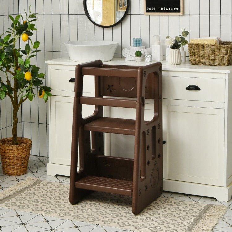 Safe & Sturdy Kids Kitchen Step Stool with Double Safety Rails - Non-Slip Brown Wooden Toddler Helper for Cooking, Baking & Bathroom Sink Access - Perfect Gift for 2-6 Year Olds