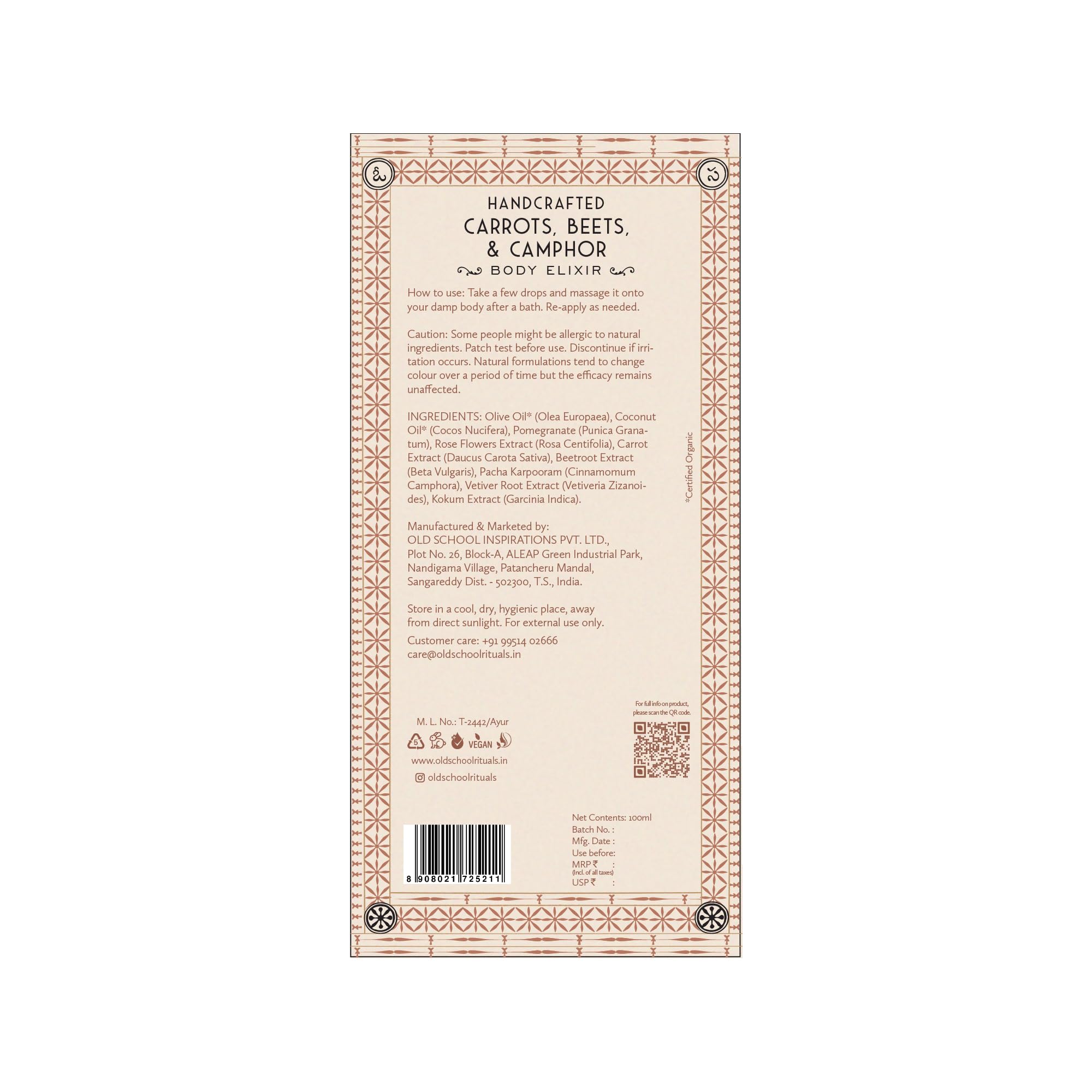 Old School Rituals Carrots, Beets & Camphor Body Elixir - Nourishing & Toning Winter Body Oil | Fast-Absorbing Massage Oil for Radiant Skin | Relaxing Full Body Treatment | 100ml | Perfect for Spa Nights, Dry Skin Care & Aromatherapy Sessions