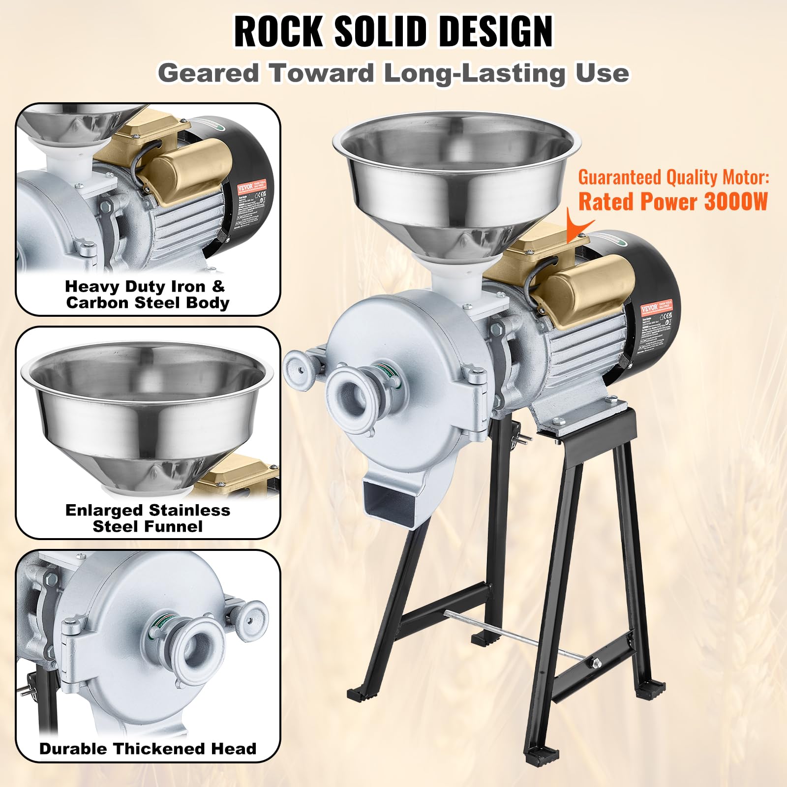 VEVOR 3000W Commercial Electric Grain Mill Grinder - Adjustable Corn Wheat Spice Grinder for Flour, Cereal & Feed - Heavy Duty Dry & Wet Powder Machine with Funnel - Perfect for Bakeries, Restaurants & Home Kitchens