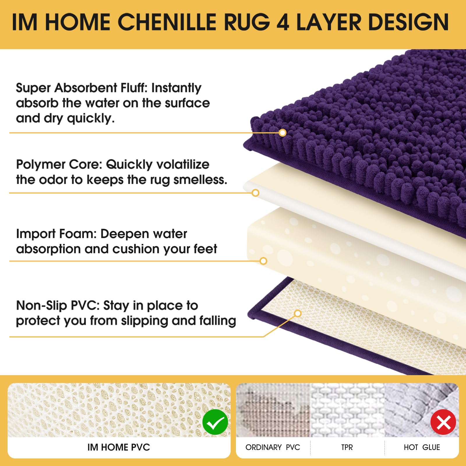 ACCUMTEK Extra Large Dark Purple Bathroom Rug Set - 3 Piece Ultra Soft, Thick Absorbent Non-Slip Chenille Bath Mats for Bathroom, Bedroom & Kitchen | Perfect for High Traffic Areas & Luxury Home Decor