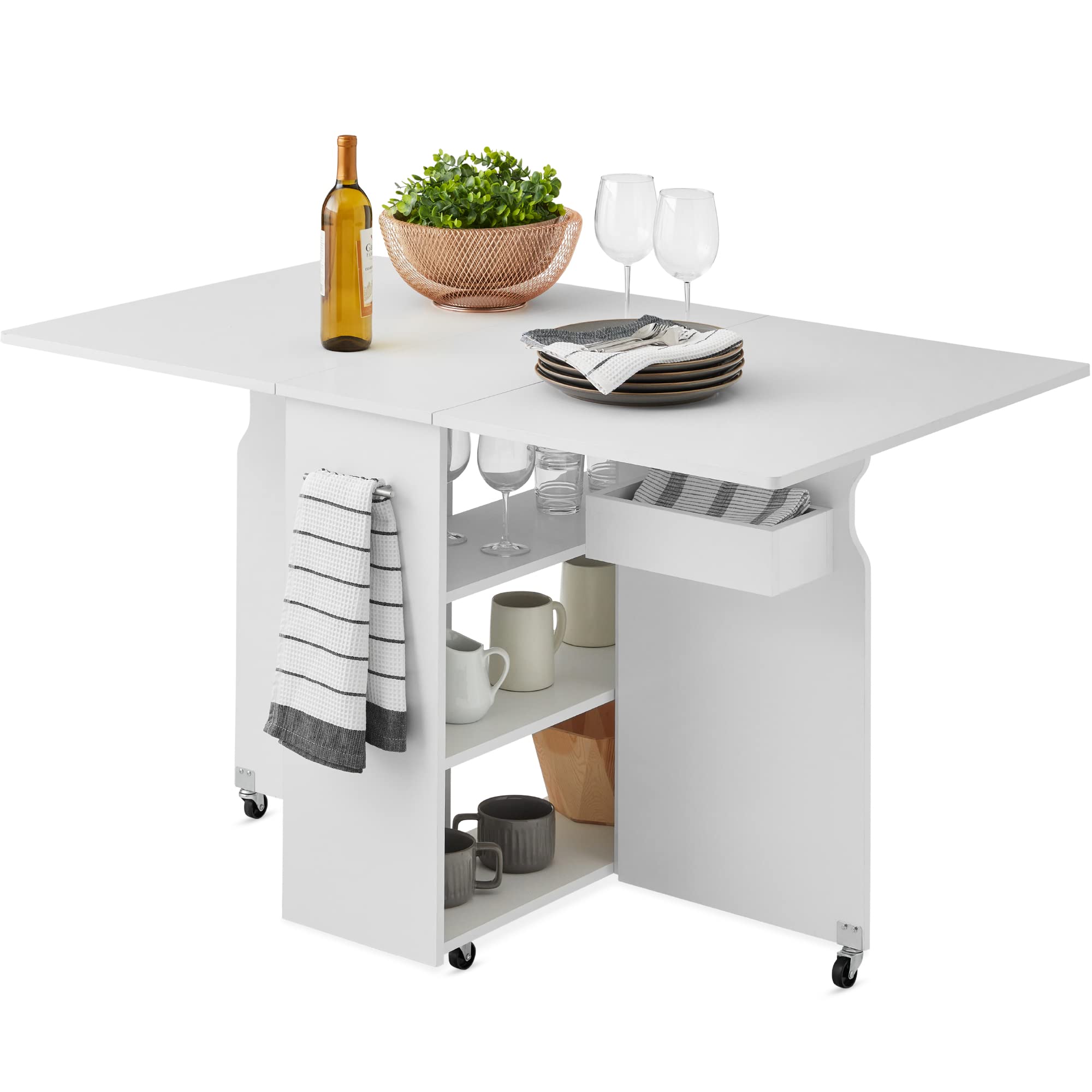 Best Choice Products Folding Dining Table with Wheels - White Space Saving Drop Leaf Extension Desk with 3 Storage Shelves, Perfect for Small Apartments, Kitchens, Dorm Rooms & Home Offices