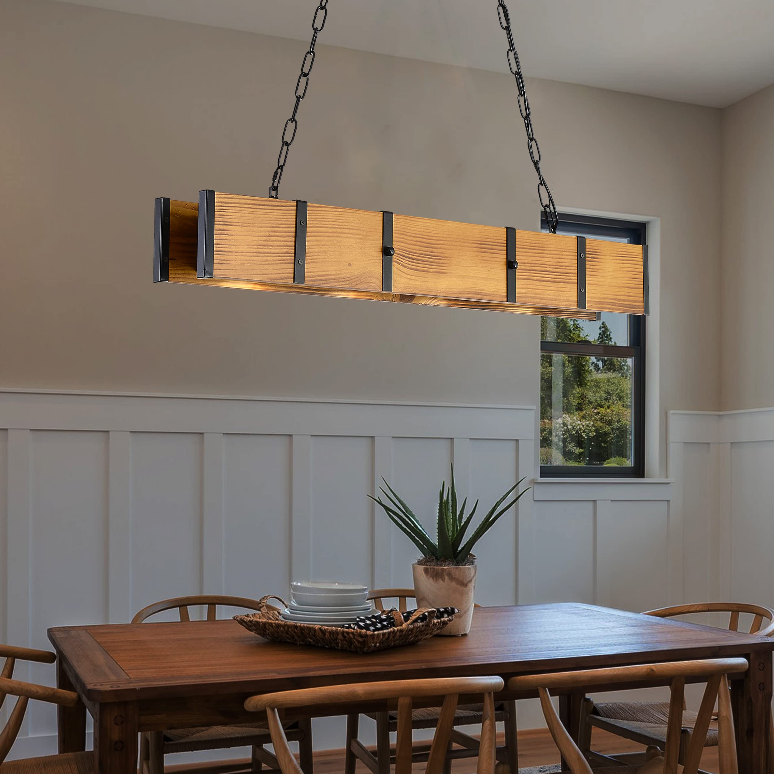 Rustic Farmhouse Chandelier with 4 Lights - 3-Color Dimmable LED Pendant Lighting (5W Downlight) for Kitchen Island, Dining Table, Billiard Room & Pool Table - Perfect for Country Style Home Decor