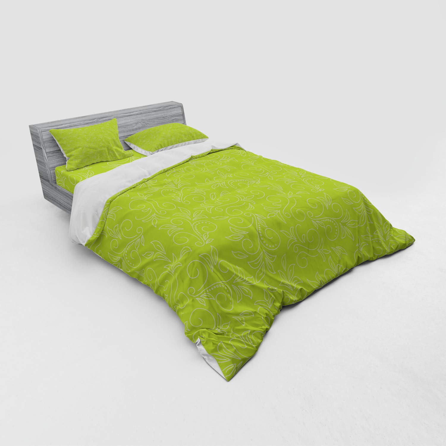 Ambesonne Green Leaf Duvet Cover Set - Abstract Floral Botanical Pattern with Curly Branches & Dots, 4-Piece Queen Size Bedding Set (Duvet Cover + 2 Shams + Fitted Sheet) in Yellow Green White - Perfect for Modern Bedroom Decor & Guest Room Styling