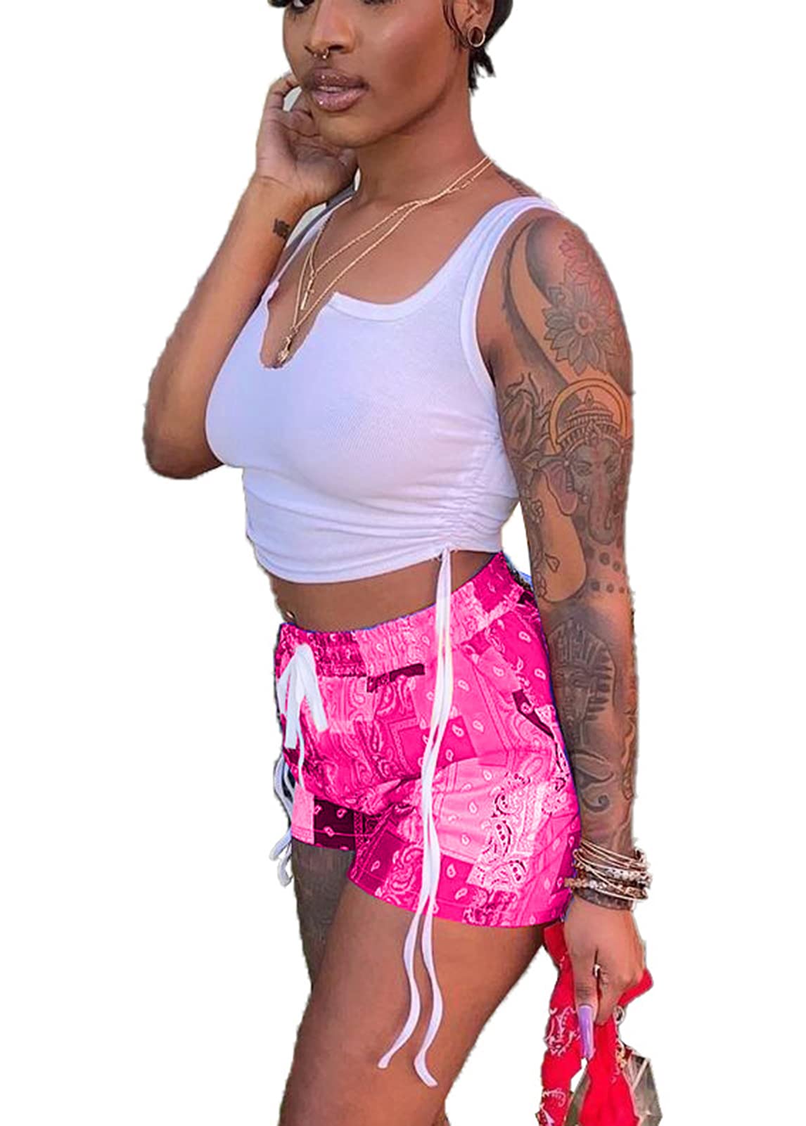Acalyn Women's Sexy 2-Piece Short Sets - Summer Crop Top & Patchwork Shorts Outfit | Casual Streetwear, Beach Vacation, Summer Party Outfits for Women