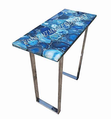 36 x 12 Inch Blue Agate Table Top - Natural Stone Dining Table & Console Table with Metal Stand - Perfect for Living Room, Entryway, or Luxury Home Decor