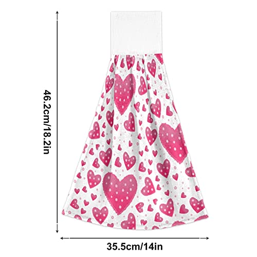 Pink Hearts & Dots Kitchen Oven Towels - 2 Pack Super Absorbent Hanging Hand Towels with Loop for Mothers Day, Valentines Day - Dishcloth, Tea Towel & Bar Mop for Kitchen, Bathroom & Tabletop Cleaning