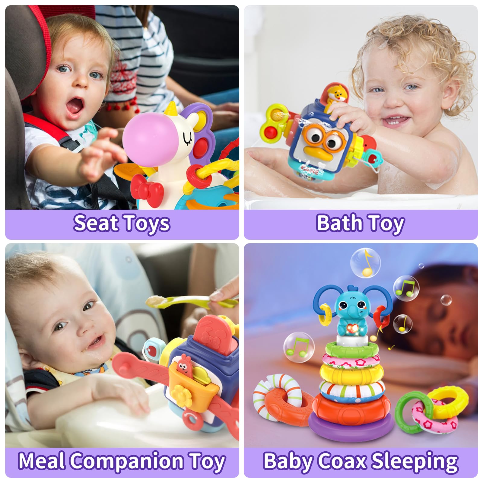 Montessori Toys for 1-3 Year Old Babies - Sensory Busy Board with Pull String Teether & Stacking Blocks - 3-in-1 Travel Learning Toy Gift for Toddlers Boys & Girls - Perfect for Airplane, Car Rides & Early Childhood Development