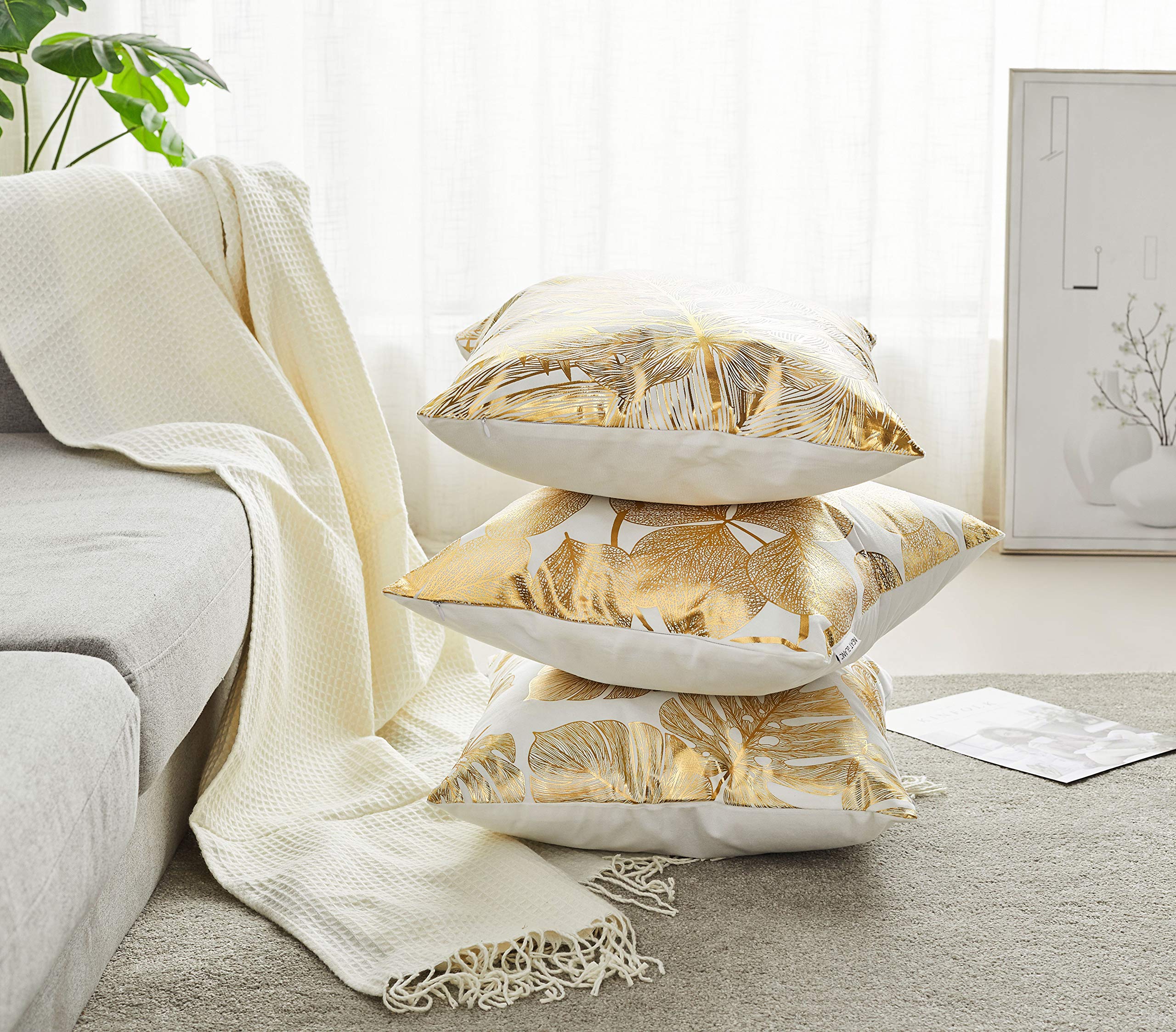 4 Pack Gold Foil Leaf Print Decorative Throw Pillow Covers 20x20 Inches (50x50cm) - Luxury Couch, Bedroom & Car Decor Accent Pillow Cases for Home, Living Room, Sofa and Office Decor