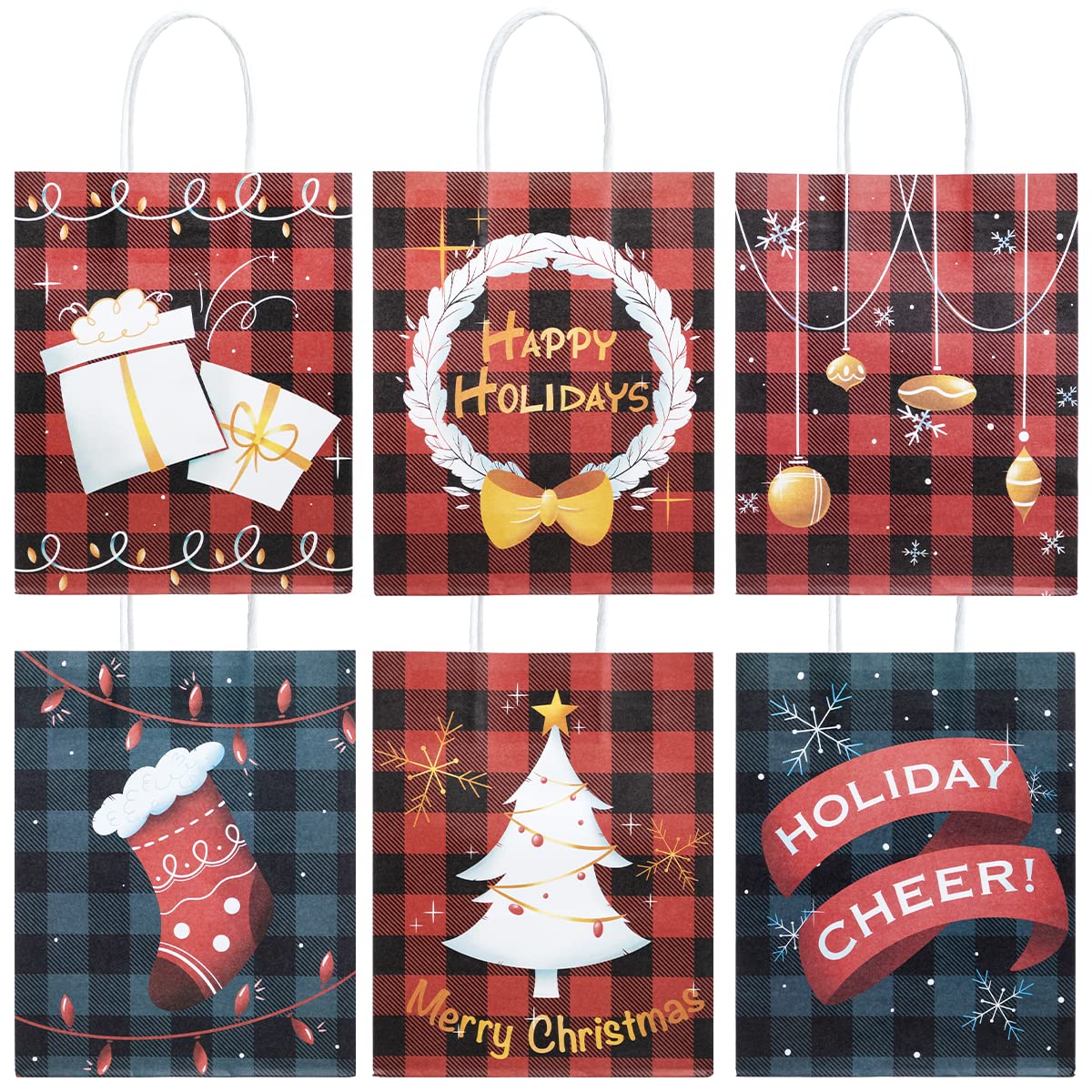 JOYIN 24-Piece Christmas Buffalo Plaid Gift Bags Set - 6 Festive Designs with Sturdy Handles for Holiday Parties, Candy Treats & Gift Wrapping | Perfect for Christmas Celebrations, Office Exchanges & Stocking Stuffers