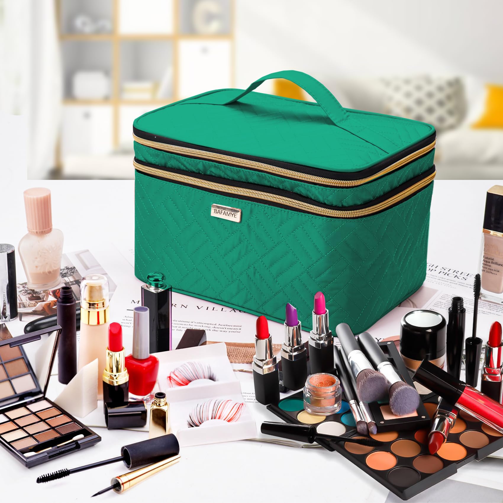 8.8L Double Layer Travel Makeup Bag with Mirror for Women - Large Cosmetic Organizer Case for Travel-Size Bottles, Brushes & Skincare - 2.33 Gallon Capacity, Green - Perfect for Vacation, Business Trips & Daily Beauty Storage