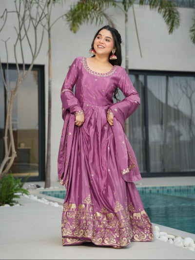 Elegant Lilac Embroidered Anarkali Gown with Dupatta Set - Traditional Indian Party Wear for Weddings & Festive Occasions