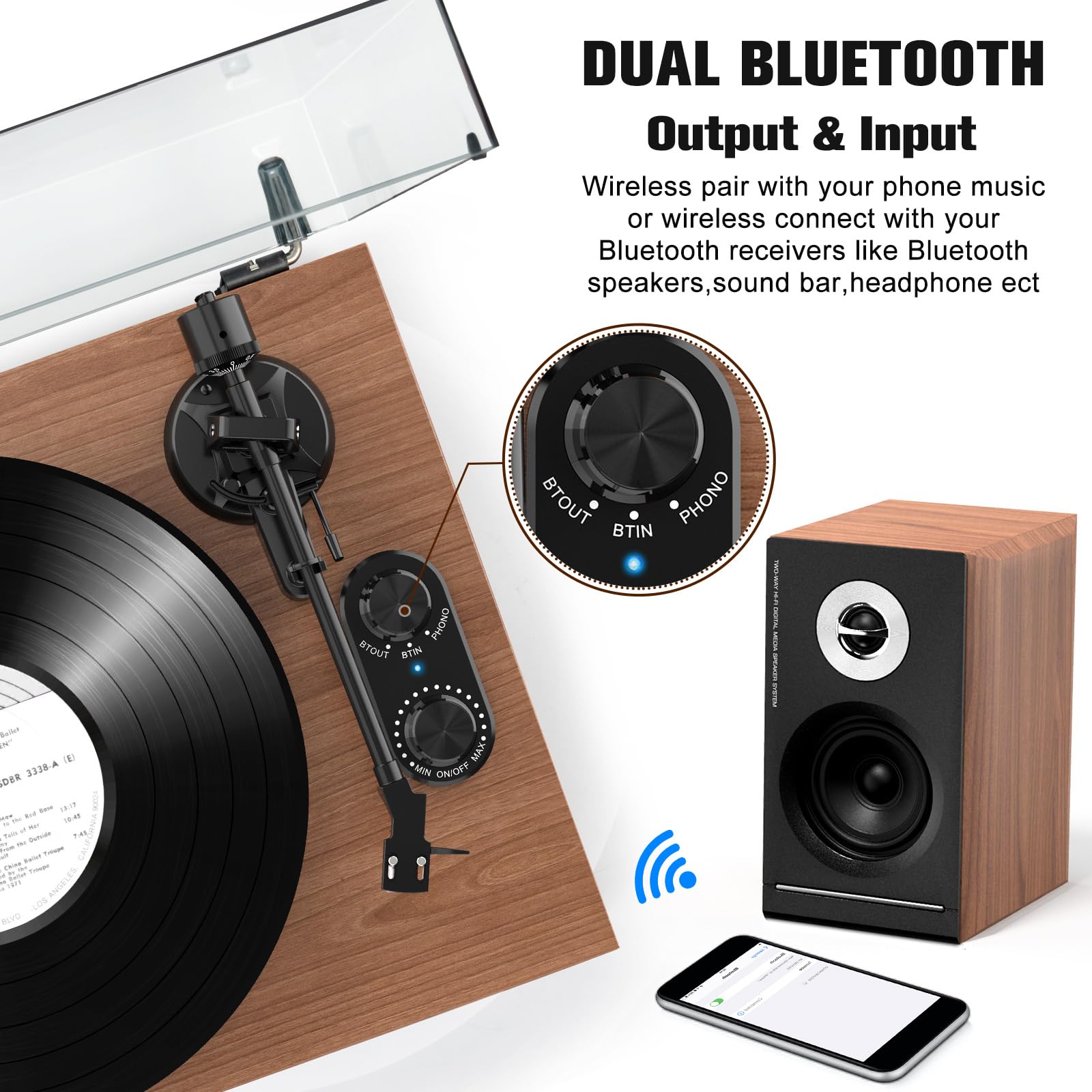 Wireless Bluetooth Turntable with 40W Speakers - Vinyl Record Player with Built-in Preamp, AT-3600L Cartridge, USB Recording, Pitch & Counterweight - Perfect for Home Entertainment & Vinyl Enthusiasts
