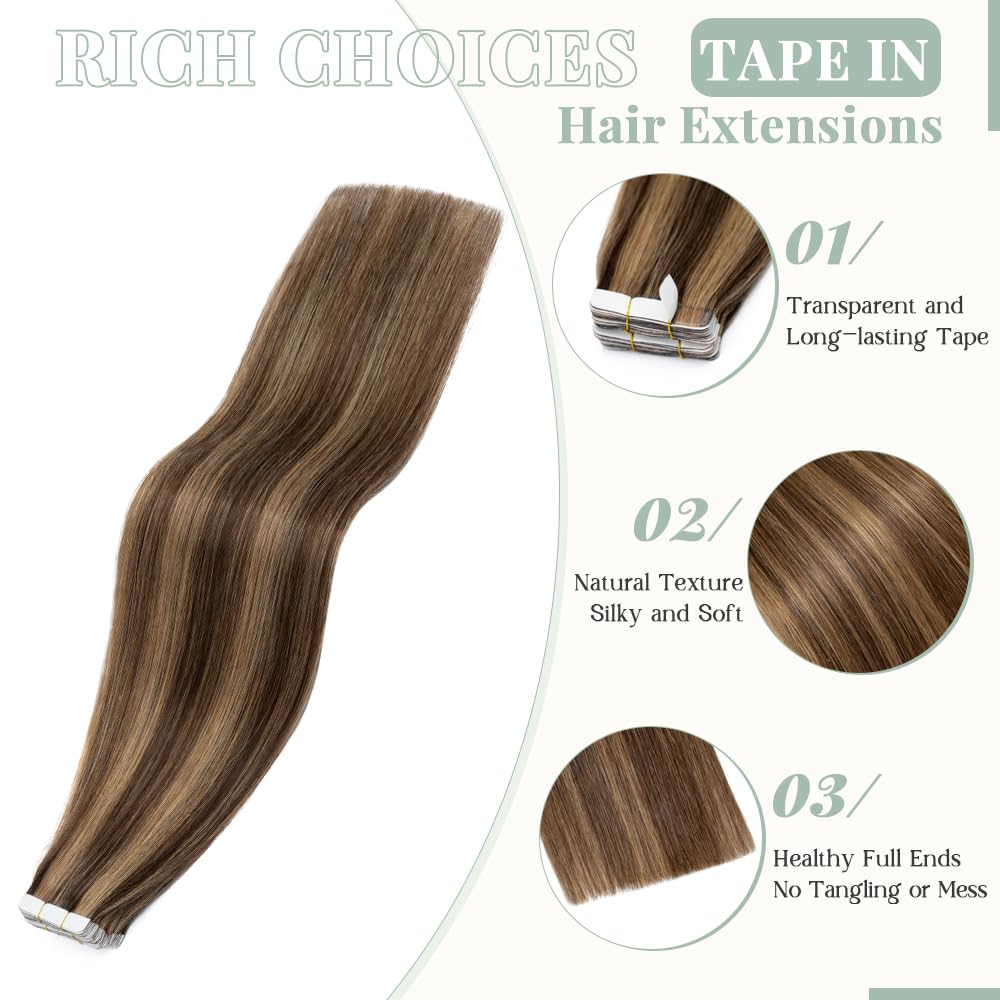 20pcs Tape in Hair Extensions 20 Inch - 100% Remy Human Hair, Double Sided, Seamless, Balayage Medium Brown with Dark Blonde Highlights (#4P27) - Perfect for Parties, Weddings & Everyday Styling