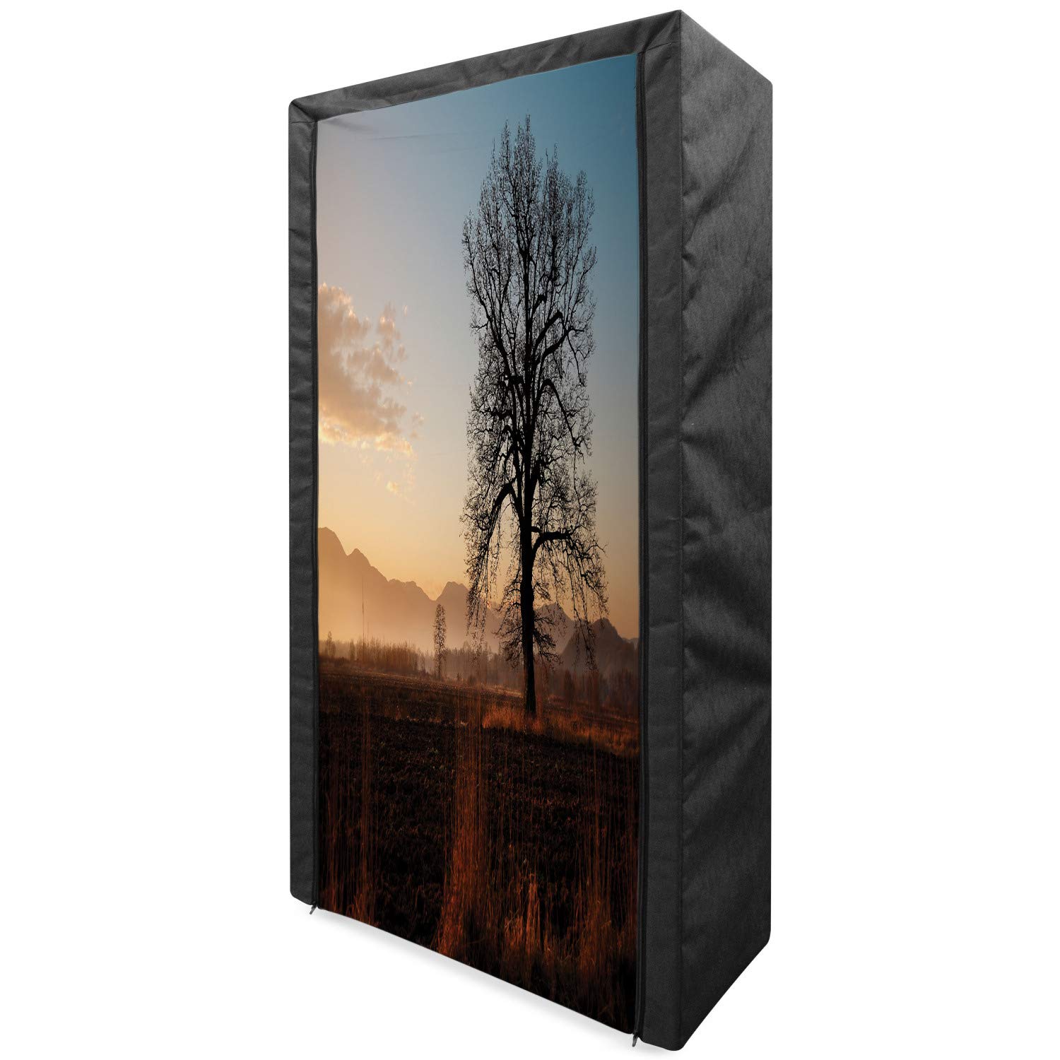 Ambesonne Portable Fabric Wardrobe with Shelves - Oak Tree Sunrise Landscape Design, 33.5