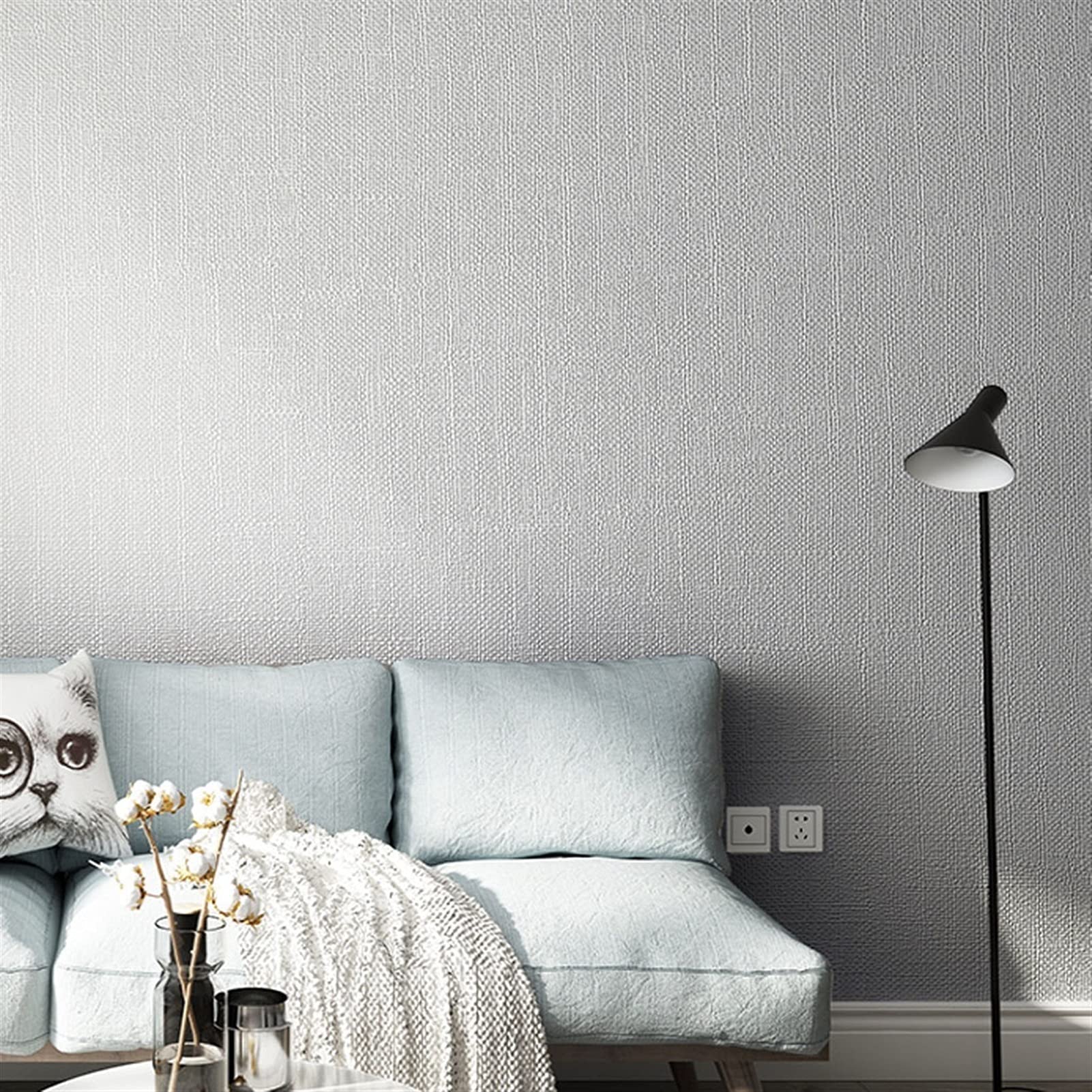 Modern Minimalist Nordic Flax PVC Resin Wallpaper - Gray Textured Wall Stickers for Bedroom & Living Room Decor | Peel and Stick Easy Installation | Home Office Accent Wall Design