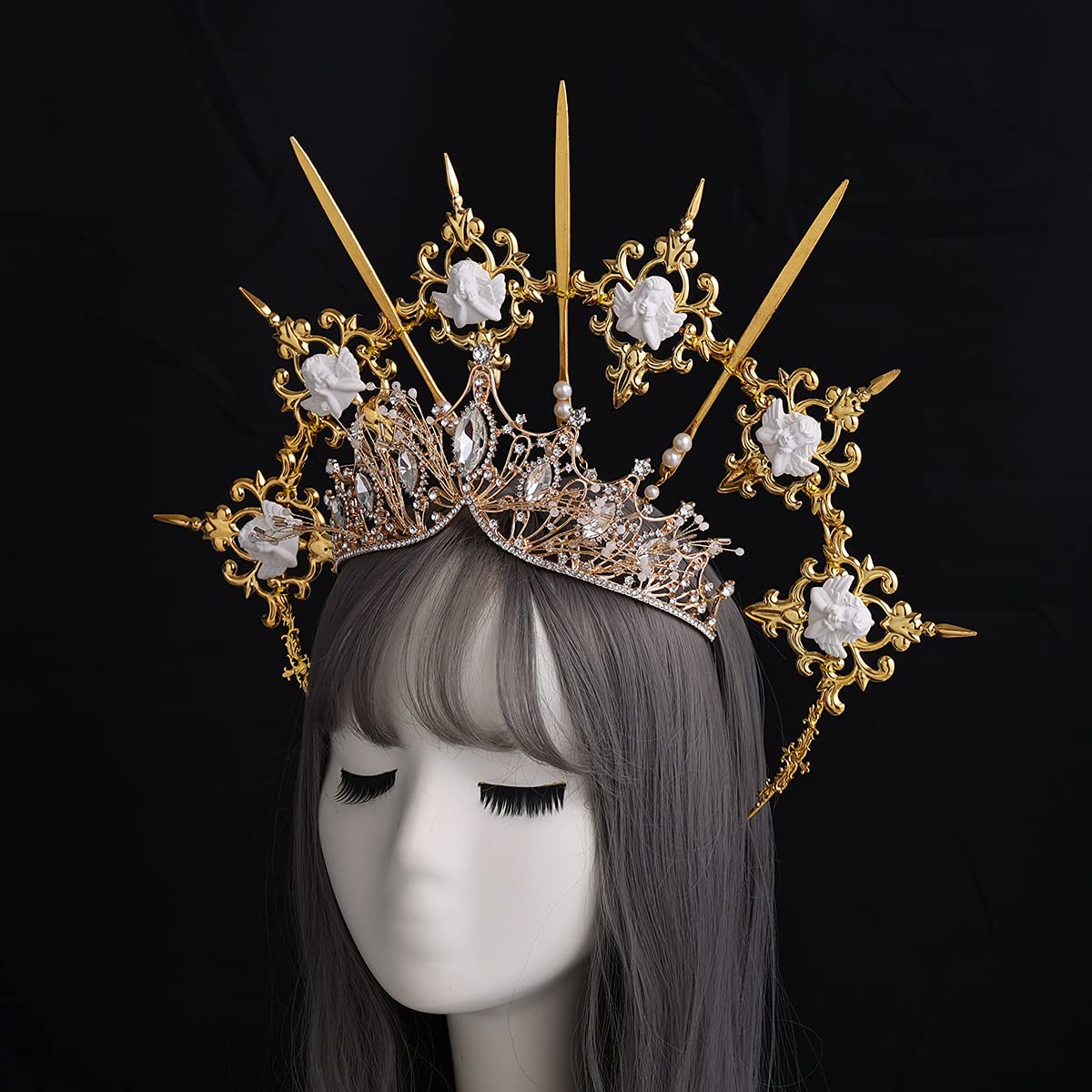 BLESSUME Halo Crown Mary Goddess Headband for Women - Gold Leaf Headpiece for Halloween Costume, Cosplay, Bridal Accessories & Boho Festival Fashion