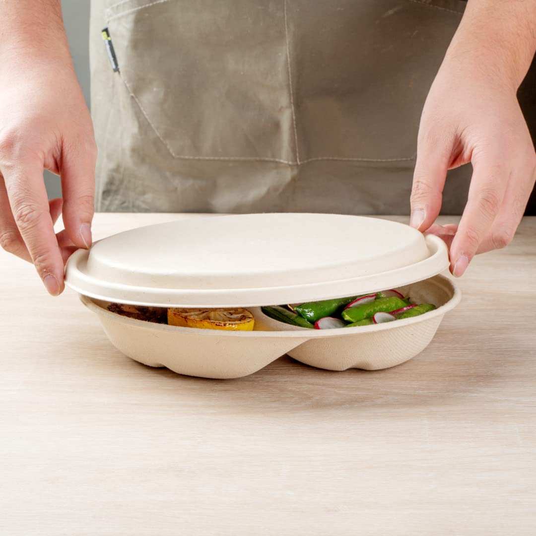 Eco-Friendly 100-Pack Oval Bagasse Lids for 21-OZ Sugarcane Bowls | Biodegradable & Compostable Disposable Lids | Perfect for Restaurants, Catering & Takeout Meals