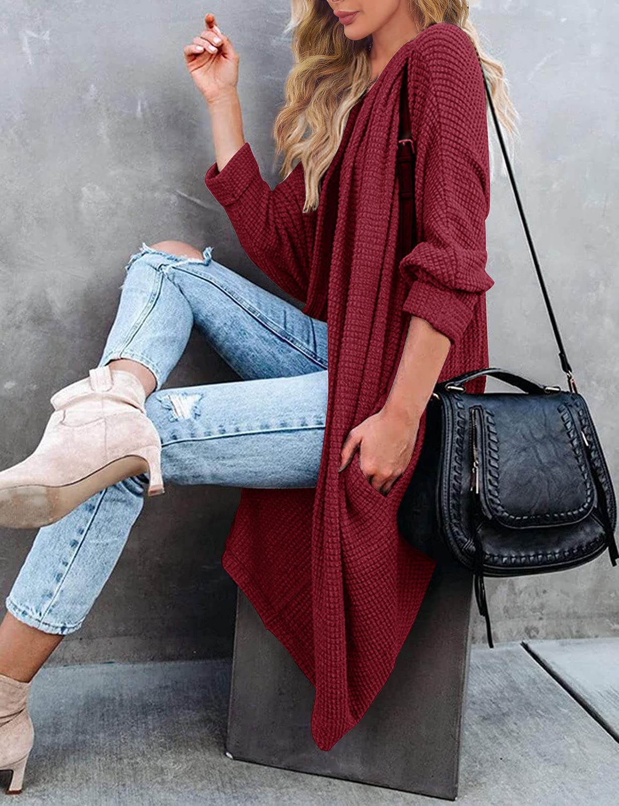 MEROKEETY Women's 2025 Fall Waffle Knit Batwing Long Sleeve Cardigan - Loose Open Front Sweater Coat for Casual Outfits, Office Wear & Autumn Layering