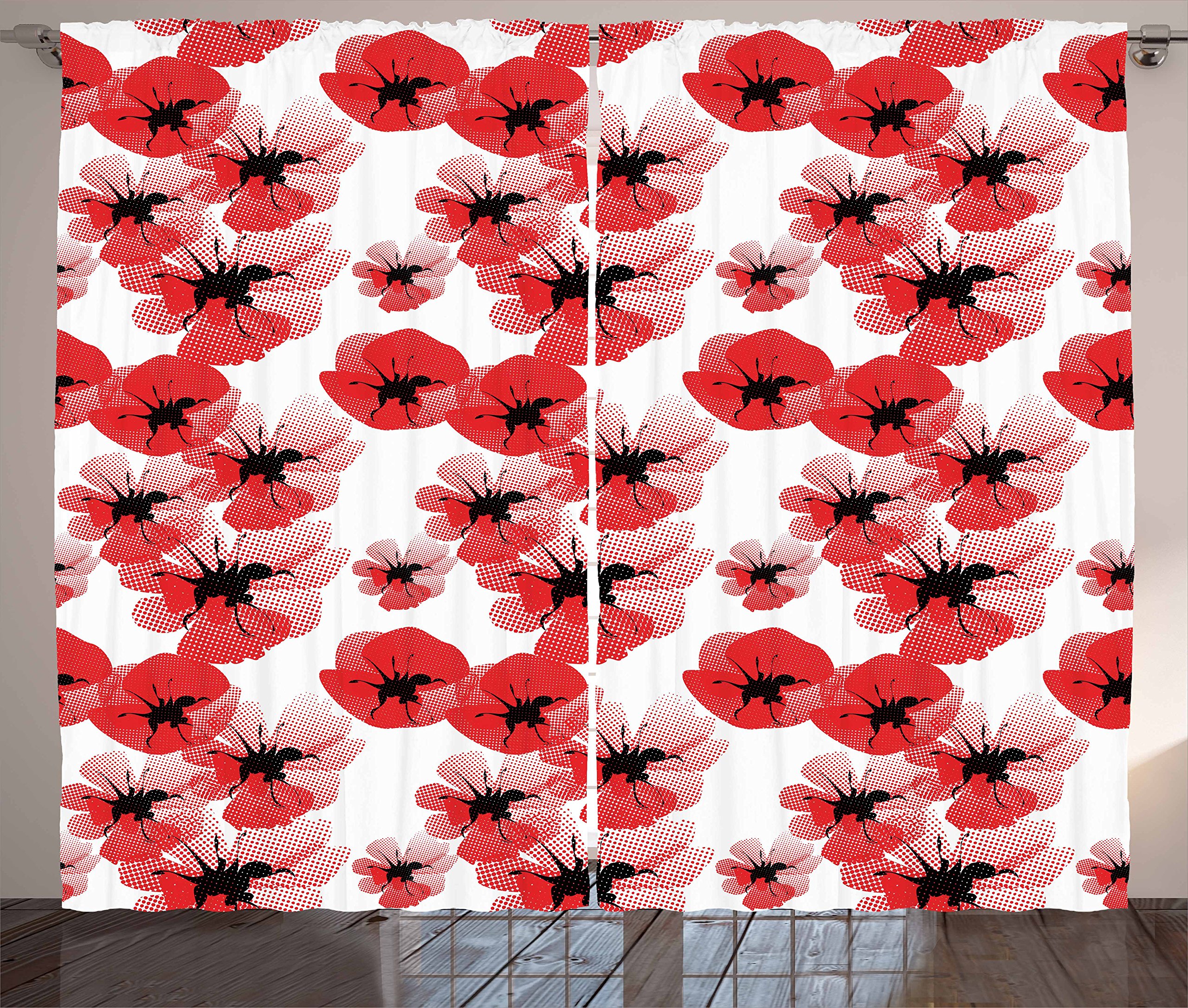 Ambesonne Floral Curtains - Vintage Poppy Print Drapes with Retro Halftone Dots Design, 2 Panel Set (108x84 Inches) in Vermilion White & Black for Living Room & Bedroom Window Decor | Perfect for Boho, Farmhouse & Vintage Style Home Decor