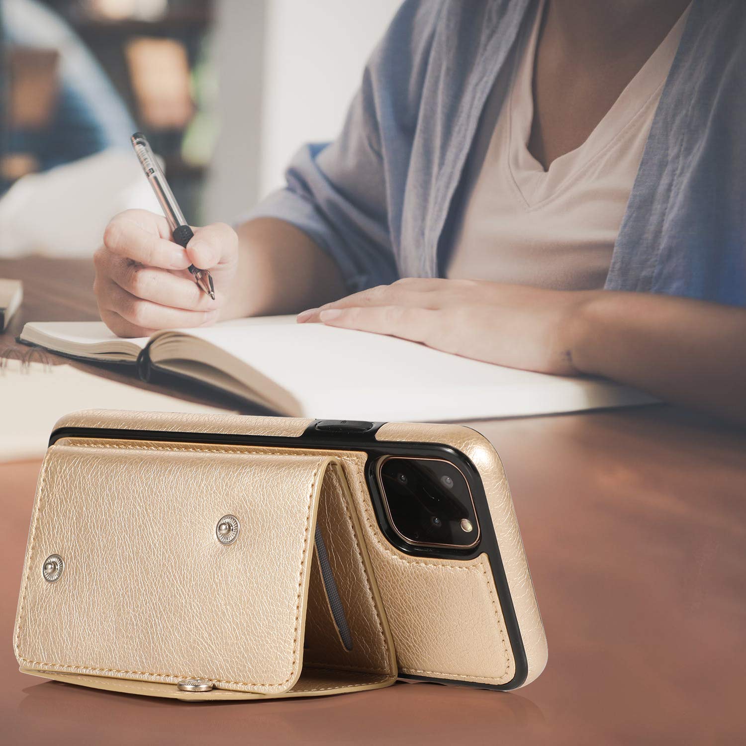 Premium PU Leather Wallet Case for iPhone 11 Pro Max - Card Holder with Neck Strap & Wrist Strap | Slim Protective Cover with Credit Card Slots | Perfect for Travel, Shopping & Everyday Use (Gold)