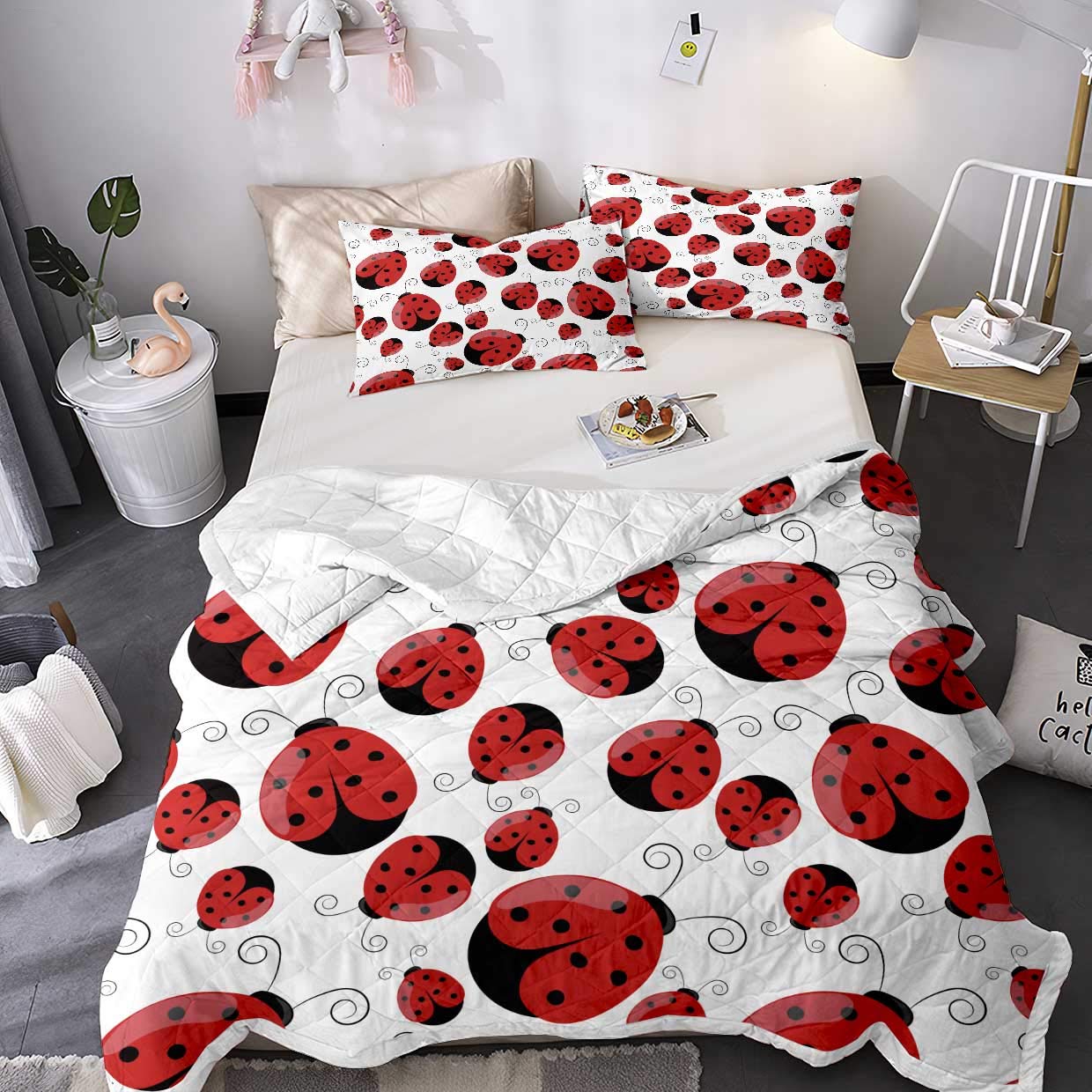 Homefit 3D Printed Cartoon Ladybug Comforter Set - 3 Piece Bedding Set with 1 Comforter & 2 Pillow Shams | Soft, Breathable & Fade Resistant Quilt for Twin Size (60''x80'') | Perfect for Kids' Rooms, Dorm Decor & Cozy Bedroom Makeovers