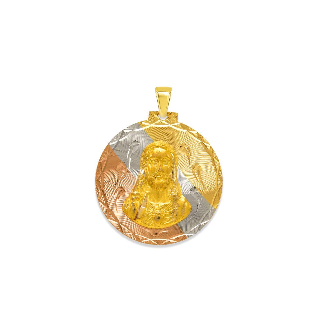 14K Gold Tricolor Round Guadalupe & Sacred Heart Two-Sided Catholic Pendant Necklace - Religious Jewelry for Women & Men, 27mm - Perfect for Baptism, First Communion & Spiritual Protection Gifts