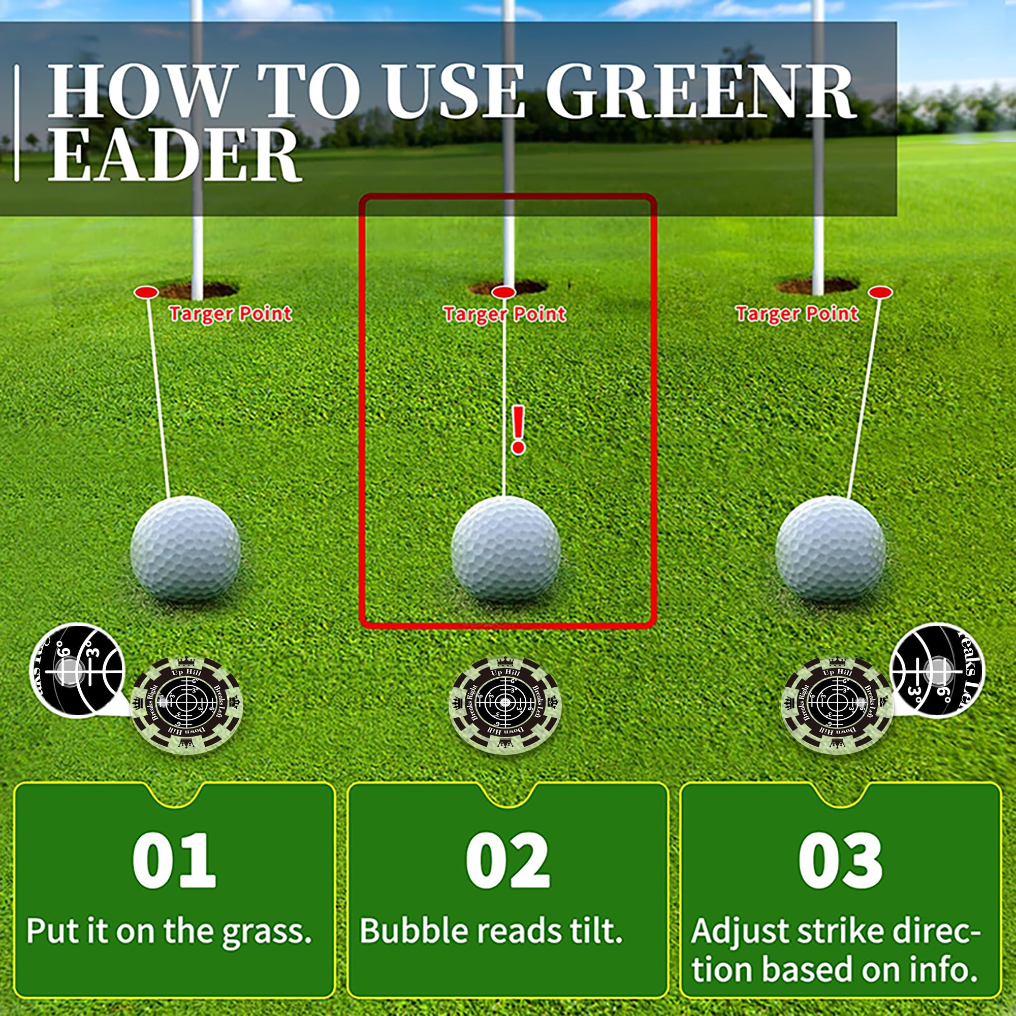 2-Pack Golf Green Reader with Magnetic Hat Clip - 1.8 Inch High Precision Golf Ball Markers with Horizontal Bubble Level - Perfect Putt Alignment Aid for Men (Ideal for Practice Greens & Tournament Play)