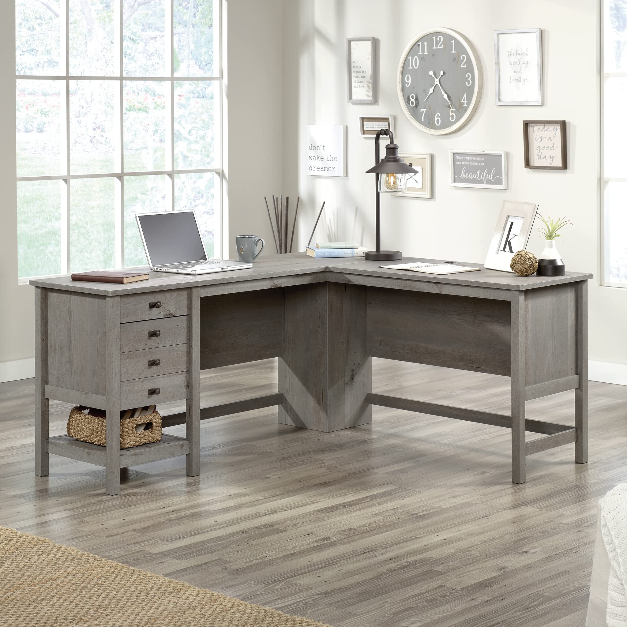 Sauder Cottage Road L-Shaped Computer Desk with Drawers & File Cabinet - Home Office Desk with Cable Management in Mystic Oak Finish - Perfect for Small Spaces & Remote Work