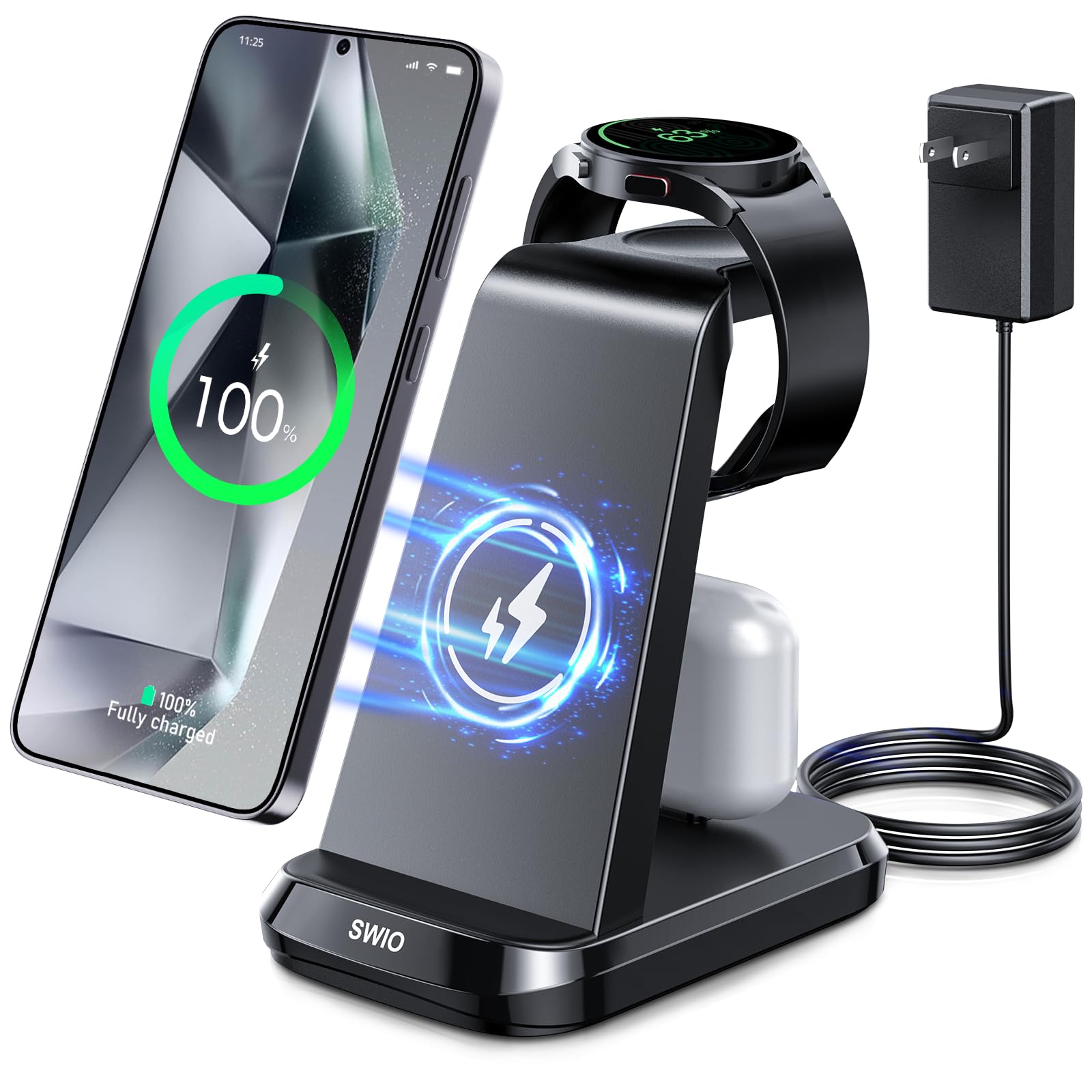 SWIO 3-in-1 Wireless Charging Station for Samsung Galaxy S24/S23/S22/S21/S20, Note 20/10, Z Fold 4/3, Watch 7/Ultra/6/5/4/3 & Buds 2/Pro - Fast Charging Pad for Home, Office & Travel (Not Compatible with Z Flip & A Series)
