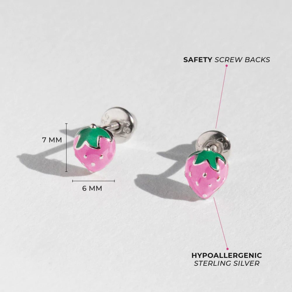 Pink Strawberry Stud Earrings for Kids - Sterling Silver Enamel Jewelry - Perfect for Birthdays, Gifts & Everyday Wear