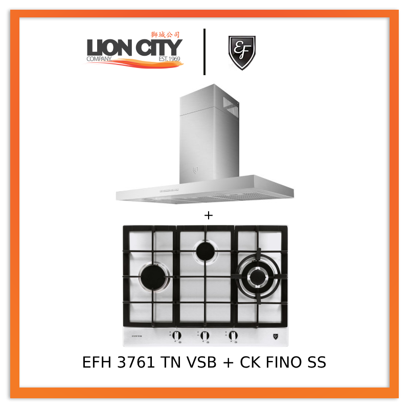 EF 90cm Stainless Steel Chimney Hood CK Fino + EFH 3761 TN 68cm Built-in Gas Hob - Modern Kitchen Ventilation & Cooking Solution for Home Chefs