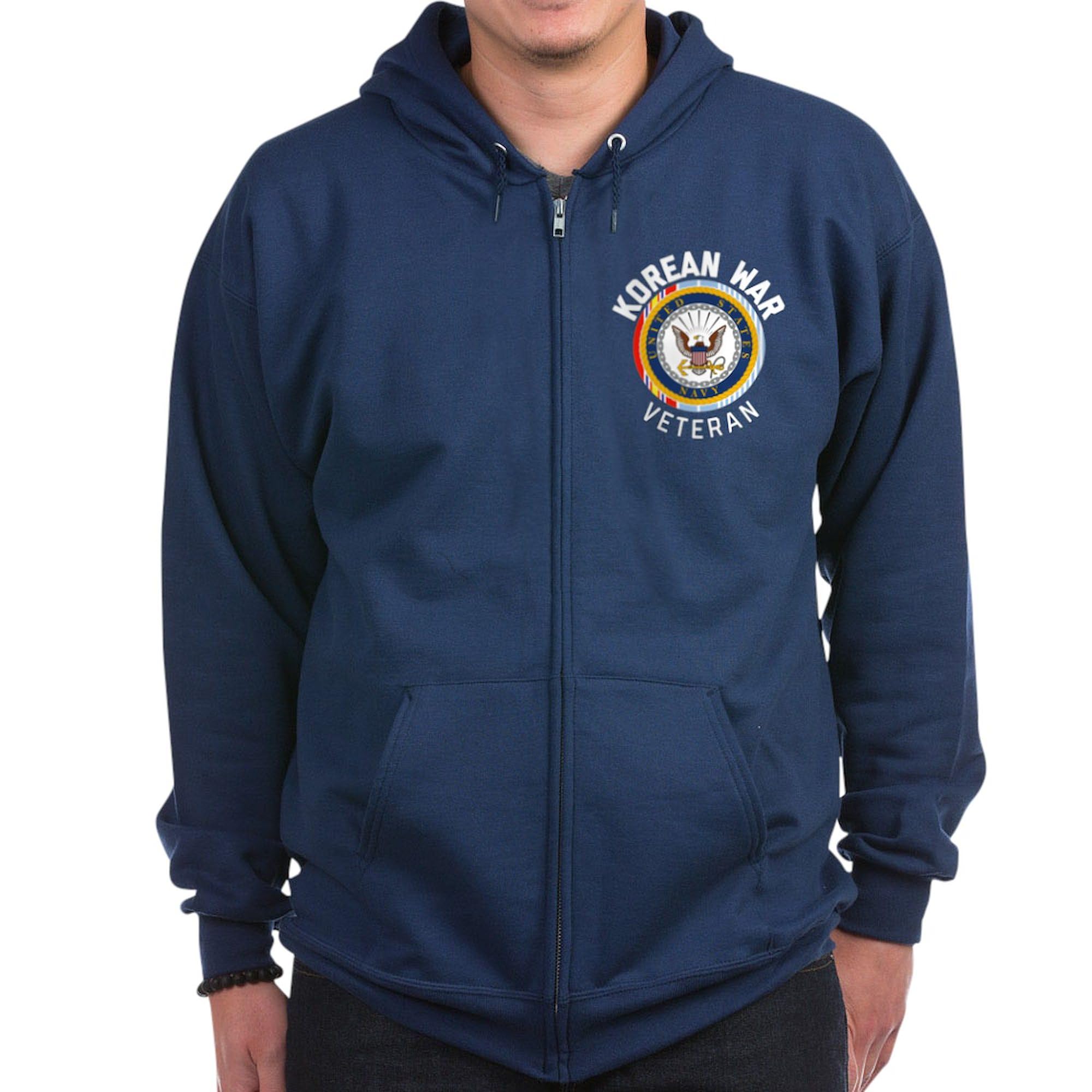 Navy Korean War Veteran Zip Hoodie for Men - Dark Zip-Up Hooded Sweatshirt | Military Apparel, Veteran Gifts & Casual Wear