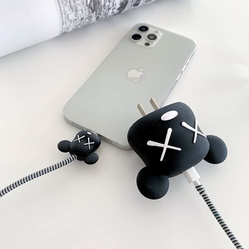 Cute Cartoon Soft Silicone Charger Cover for iPhone - 5W Charger Protector & Cord Case (Compatible with iPhone X/XS/XR/XS Max/7/8/7 Plus/8 Plus/6/6S/6 Plus/6S Plus/SE/5) - 4-in-1 Mini Set for Home, Office, Travel & Car Charging Protection
